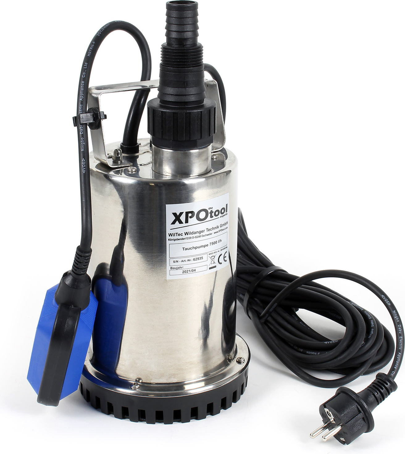 Ponorné čerpadlo Wiltec do 7500 l/h, max. výtlačná výška 6,5 m, čerpadlo na znečistenú vodu 400 W, cudzie telesá do 5 mm