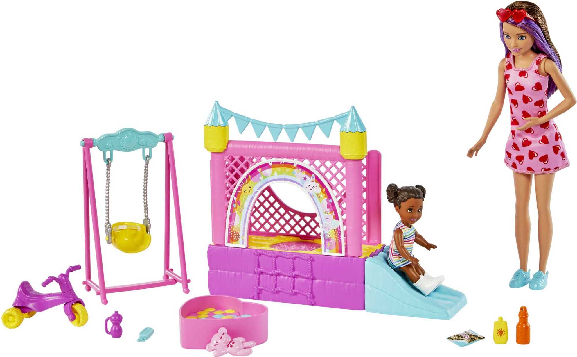 Barbie Skipper Babysitters Inc. Hüpfburg-Spielset mit Puppen und Zubehör HHB67
