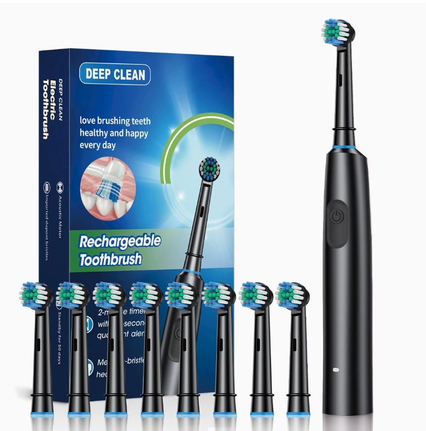 Exlene Elektrische Zahnbürste, rotierend, wiederaufladbar, mit 8 weichen Bürstenköpfen, schwarz