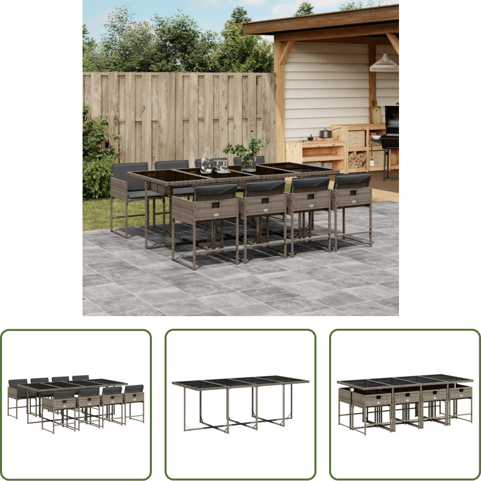 The Living Store 9-dielny záhradný jedálenský set s vankúšmi sivý polyratan
