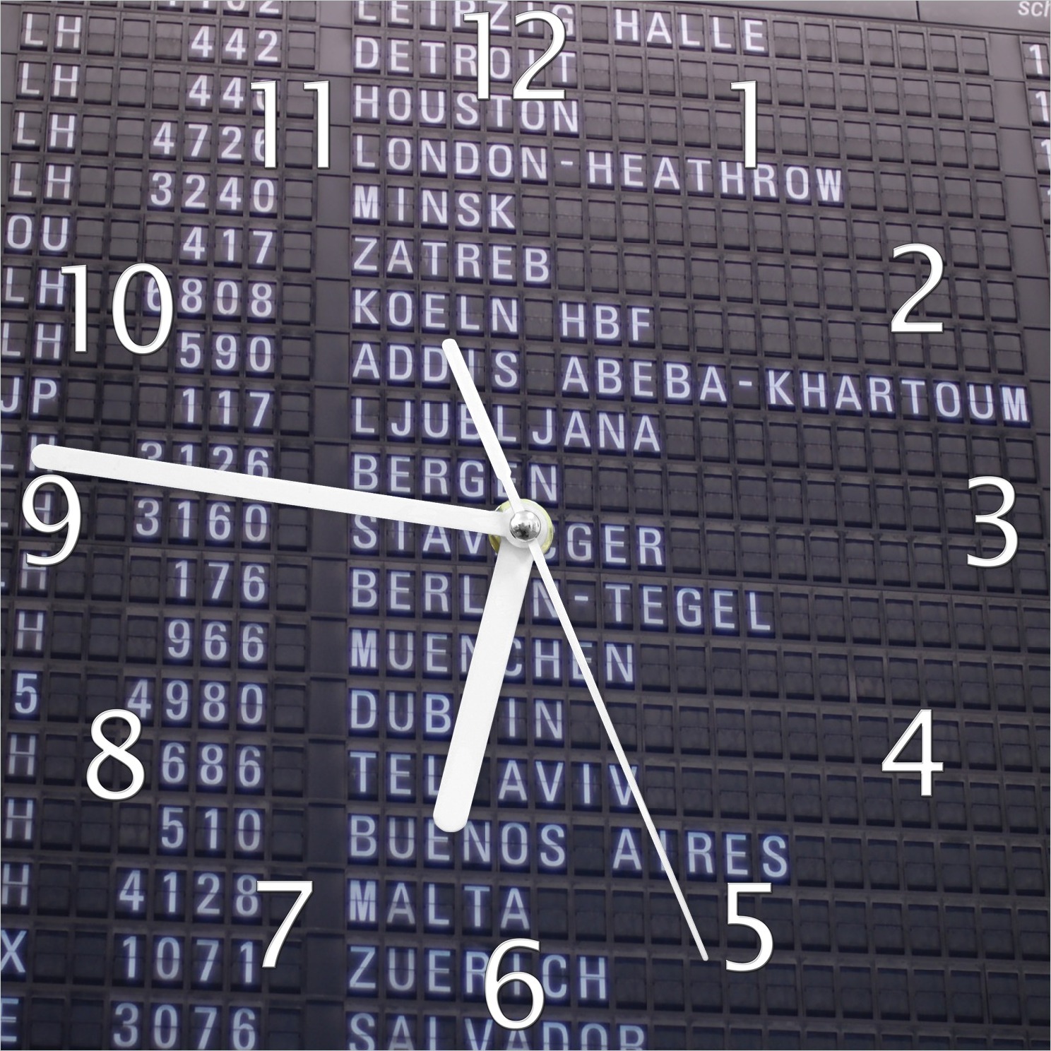 Wallario Design Wanduhr Flughafen Abflugtafel aus Echtglas, Größe 20 x 20 cm guk0065-2020