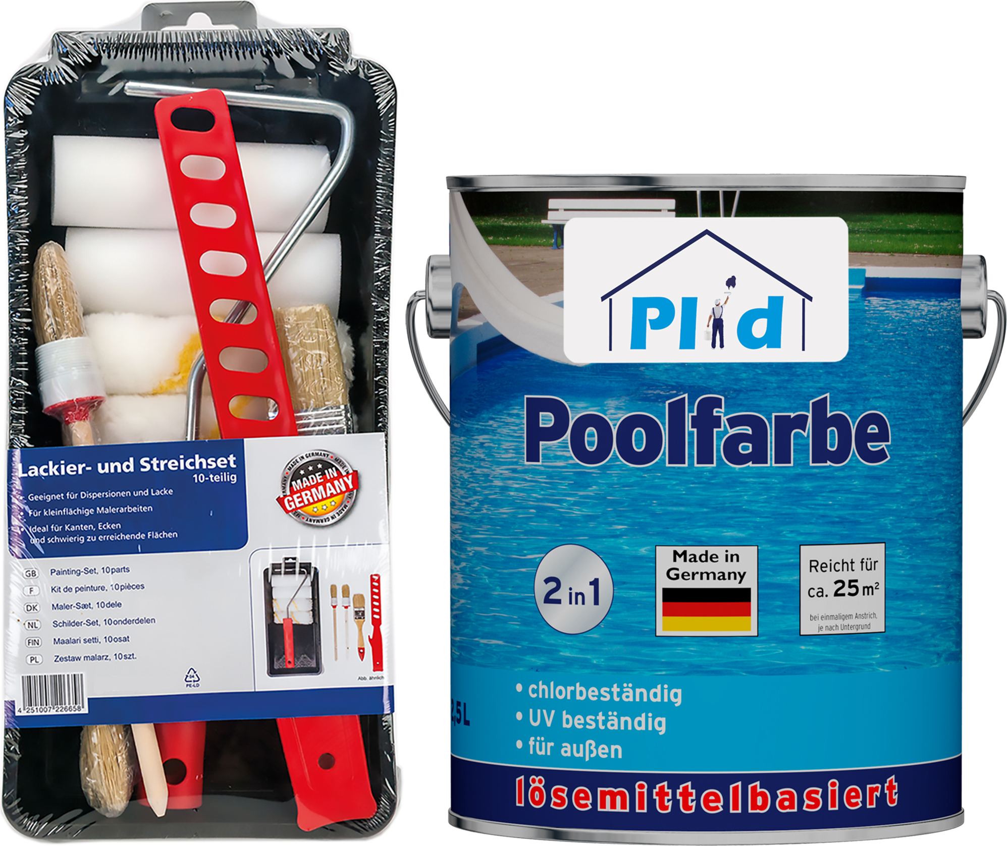 Plid Poolfarbe 2,5L mit Anstreichset - für ca. 25m² Poolblau – Schwimmbeckenfarbe & Unterwasserfarbe für Beton- und Zementpools, wasserfest