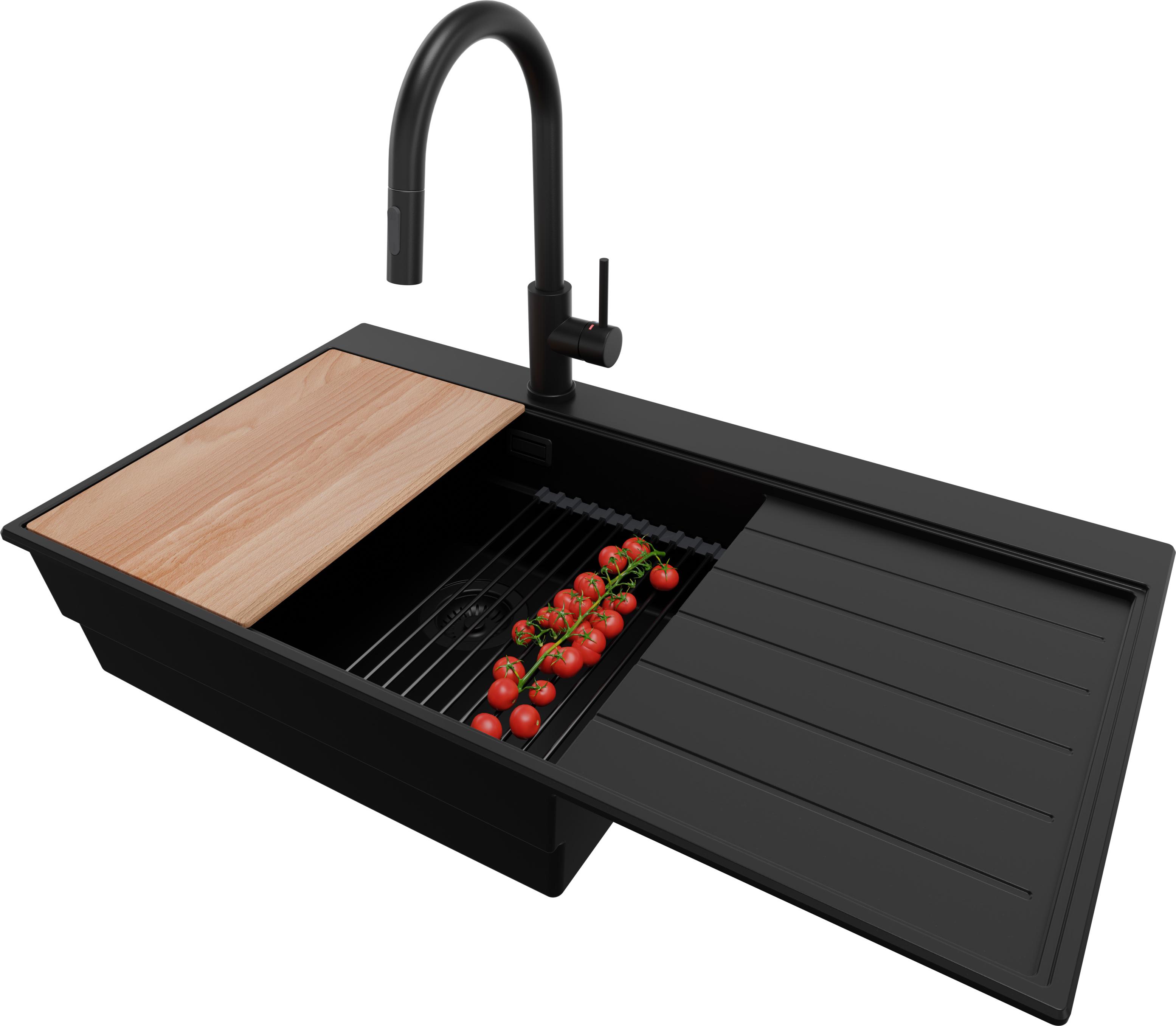 PRIMAGRAN Granitspüle Alles Schwarz 90x50cm, Spülbecken 1 Becken + Ablauf-Set + Küchenzubehörset, Küchenspüle ab 60er Unterschrank - Sydney