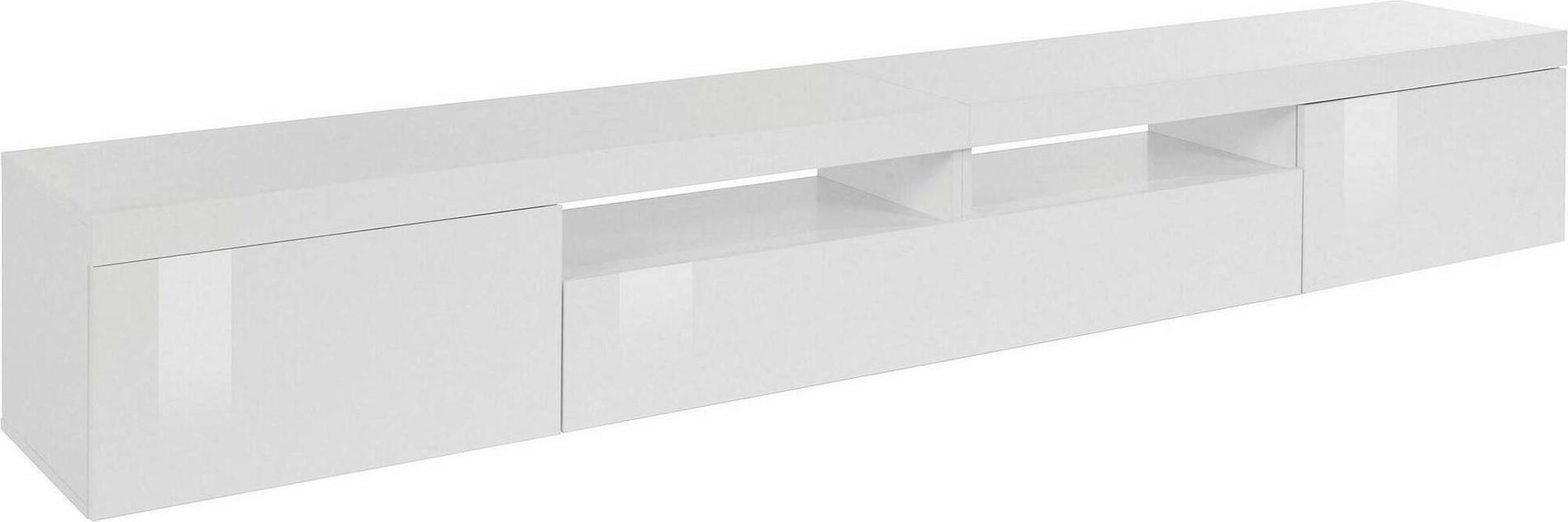 TV-Ständer Dconsigl, niedriges Wohnzimmer-Kommode mit 3 Türen, TV-Ständer-Basis, 240x40x35 cm, glänzendes Weiß