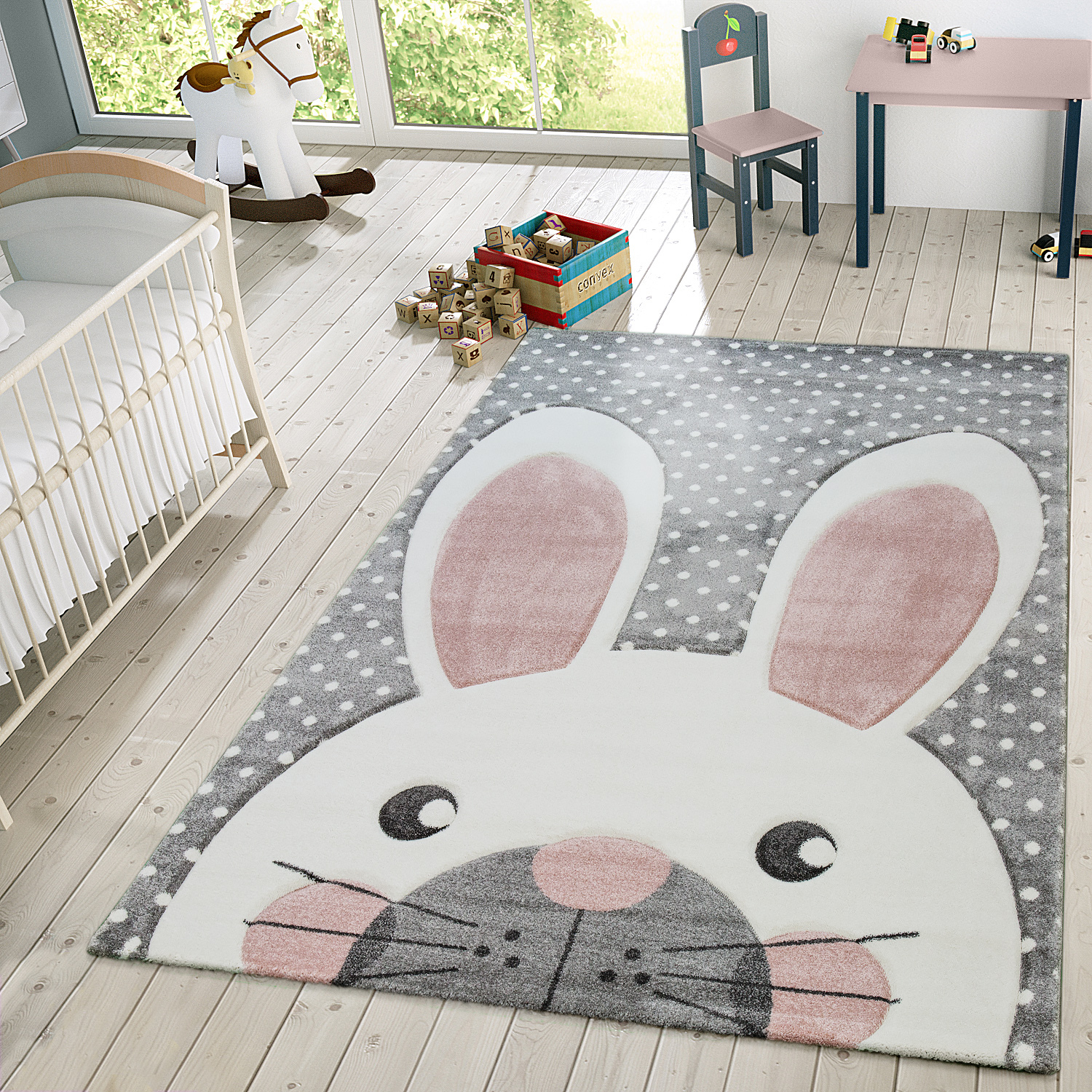 Paco Home Kinderteppich Kinderzimmer Konturenschnitt Niedlicher Hase Grau Creme Rosa Grösse:160x230 cm
