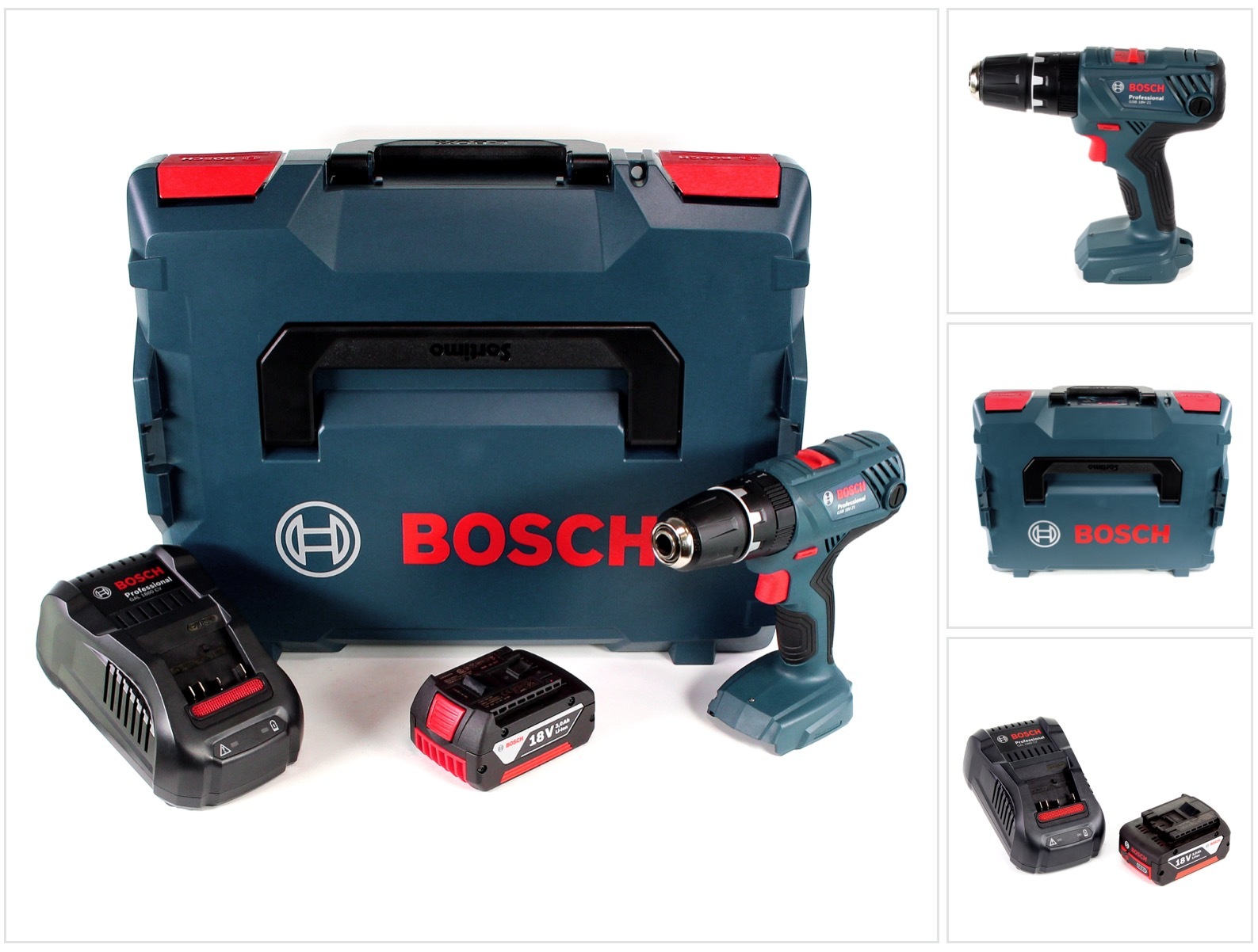 Bosch Professional GSB 18V-21 akumulátorová príklepová vŕtačka 18V 55Nm + 1x akumulátor 3,0Ah + nabíjačka + L-Boxx