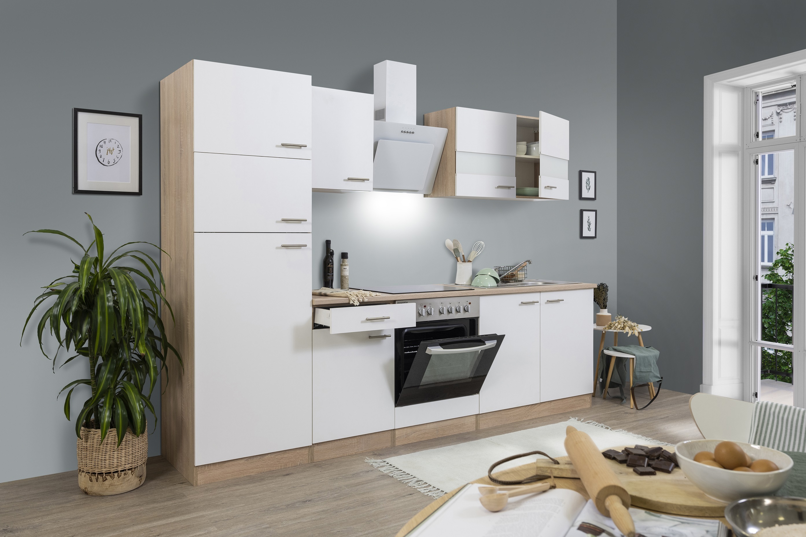 Küche Küchenzeile Küchenblock Einbauküche Eiche Weiß Merle 270 cm Respekta KB270ESWCGKE