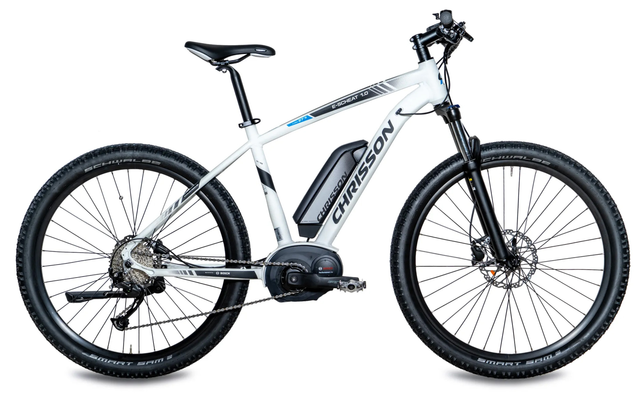 Chrisson E-Scheat E Bike horský bicykel 27.5 palcový dámsky pánsky pedelec s 9 prevodmi športový elektrický bicykel biely 48 cm