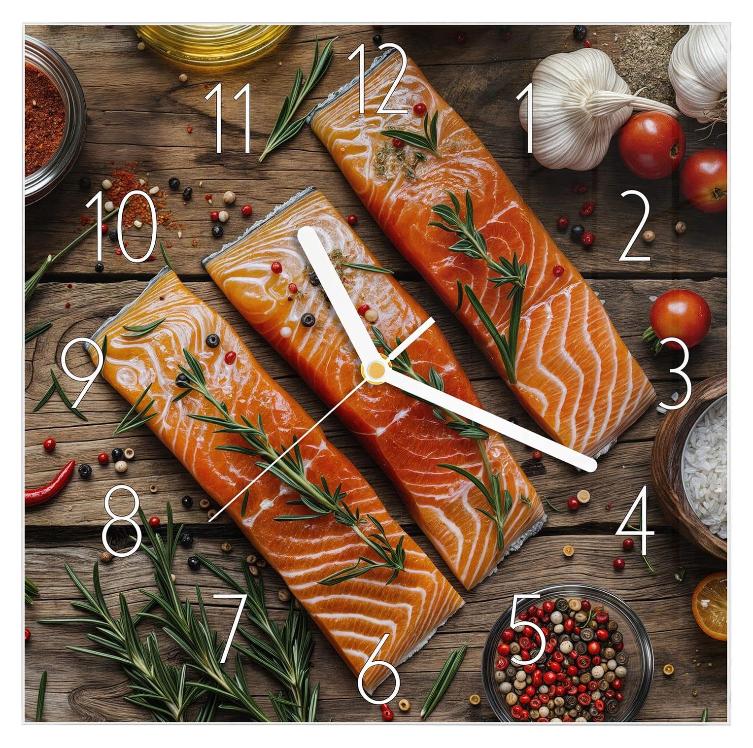 Primedeco Wanduhr aus Glas mit Motiv Lachsfilets- 30 x 30 cm - inkl. Aufhängesystem