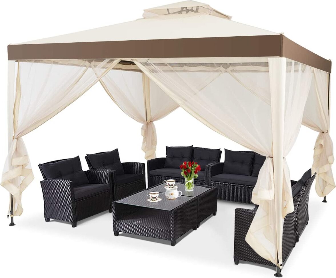 KOMFOTTEU 3x3m Pavillon, Partyzelt mit Doppeldach, Gartenzelt mit Vorhang und Seitenteile & Netz, Metall Festzelt wasserdicht & stabil, für Garten, Terrasse, Hof (Beige) XY2896KNDE