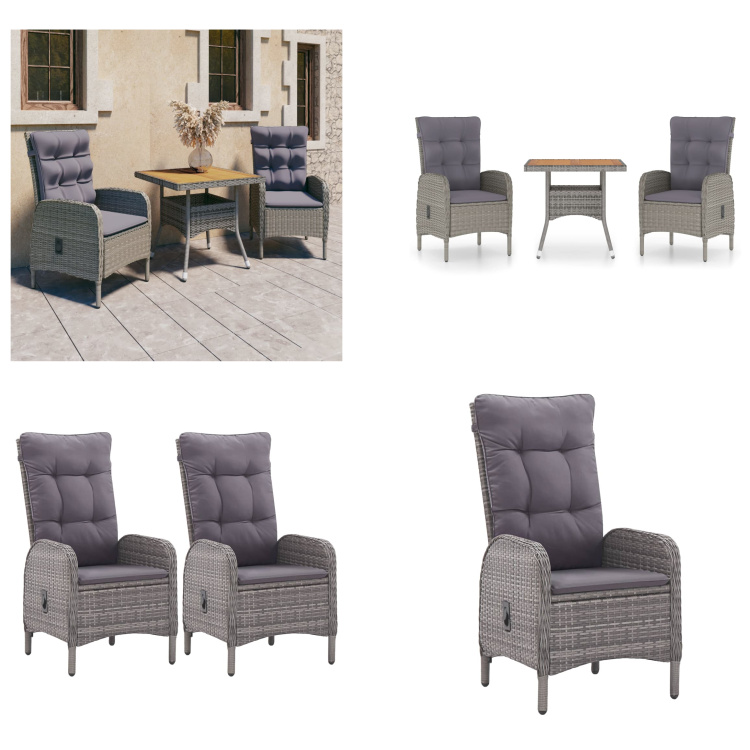 vidaXL 3-dielny záhradný jedálenský set z polyratanu a agátového dreva sivý - Set záhradného nábytku - Sety záhradného nábytku - Záhradný stôl a stoličky - Záhradné stoly a stoličky