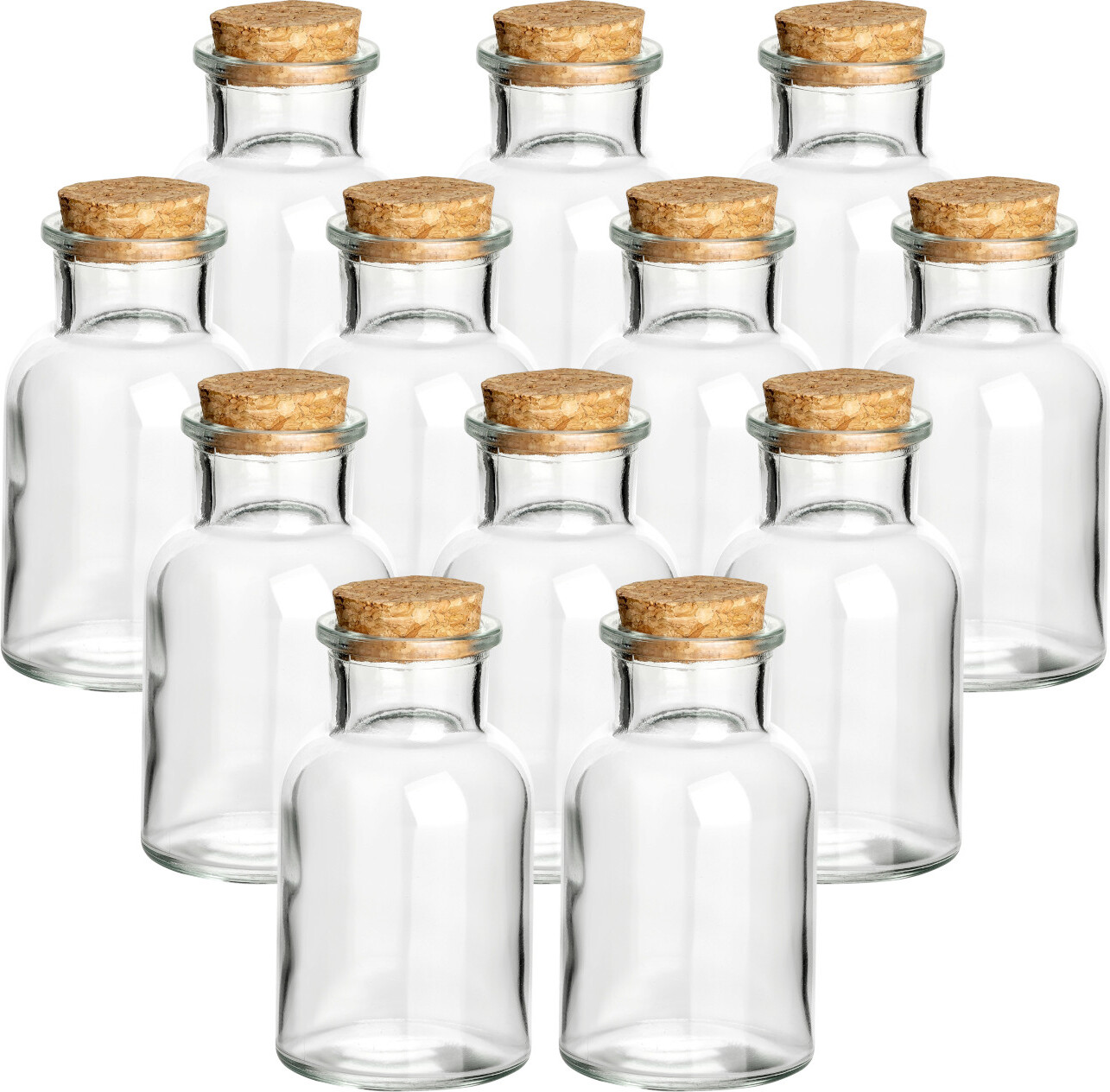 gouveo 12er Set Gewürzgläser 125 ml rund mit Korken - Kleine Korkengläser mit Korkverschluss - Leere Vorratsgläser für Kräuter, Gewürze - Kleine runde Glasdose