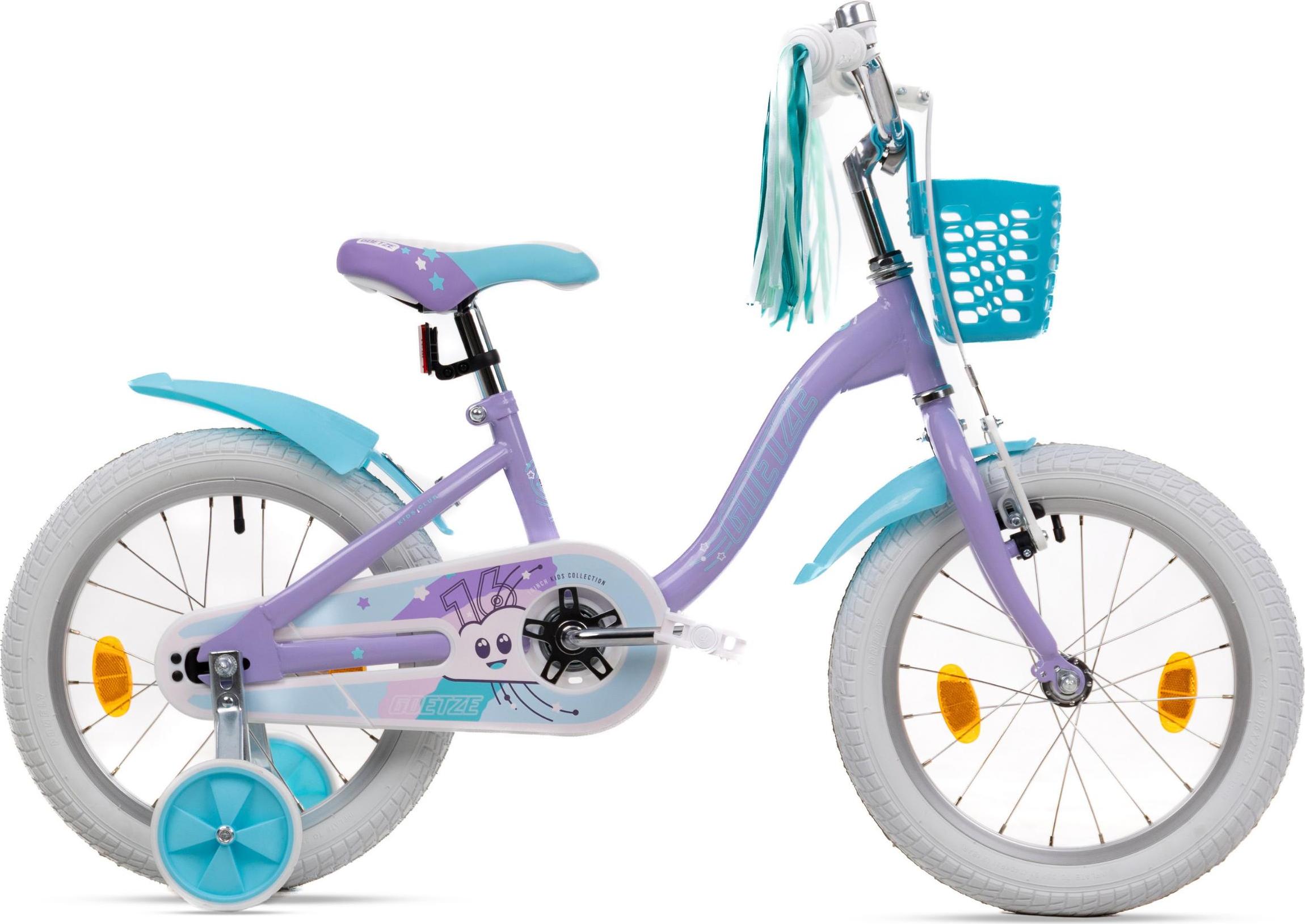 Goetze Bikes Goetze Pixie 16" – ein Mädchenfahrrad mit Aluminiumrahmen, V-Bremsen/Rücktrittbremsen, Stützrädern, Korb und bunten Bändern Rower dziecicy Goetze Pixie 16"