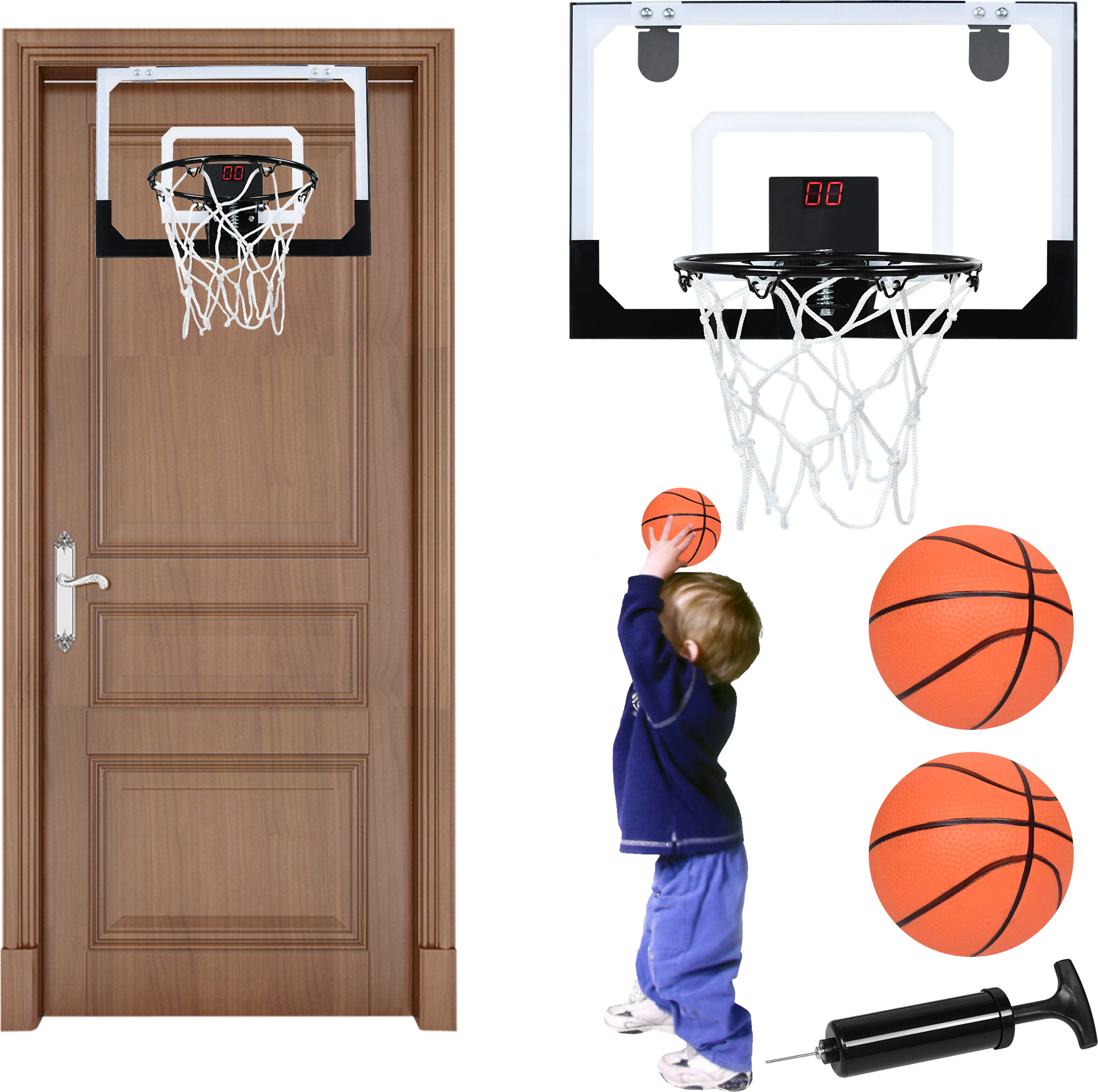 LZQ Mini Basketball Korb Set, Indoor Mini Basketballkorb Tür Basketball Hoop mit Elektronische Anzeigetafel, 45x30cm Kinder Basketballbrett mit Bälle und Pumpe