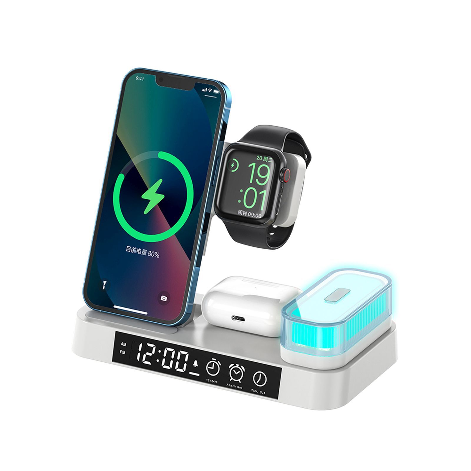 5v1 indukčná nabíjacia stanica Qi Wireless Charger nabíjačka digitálne hodiny nočné svetlo