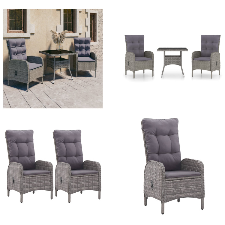 vidaXL 3-dielny záhradný jedálenský set z polyratanu a skla sivý - Set záhradného nábytku - Sety záhradného nábytku - Záhradný stôl a stoličky - Záhradné stoly a stoličky