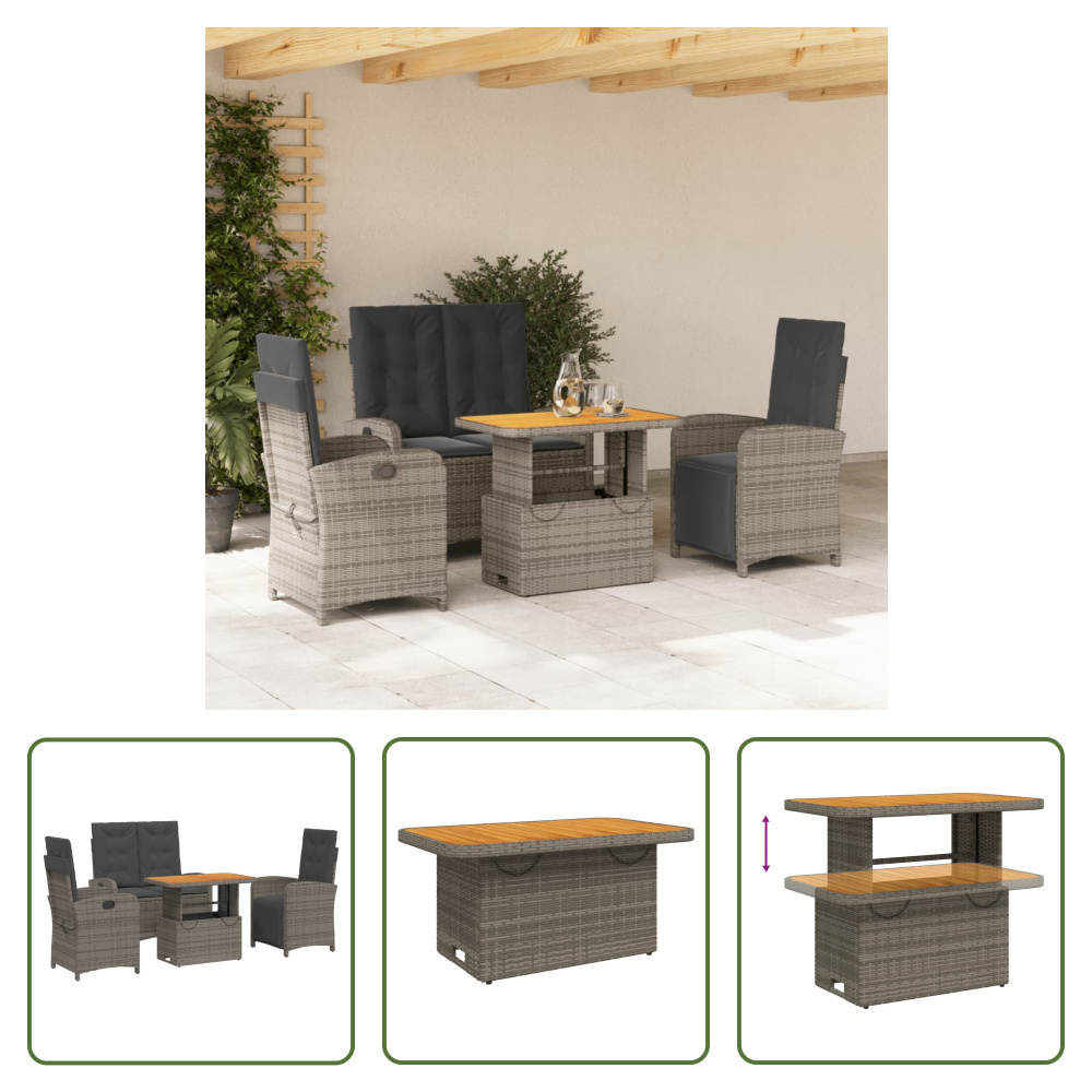 The Living Store 4-dielny záhradný jedálenský set s vankúšmi sivý polyratan