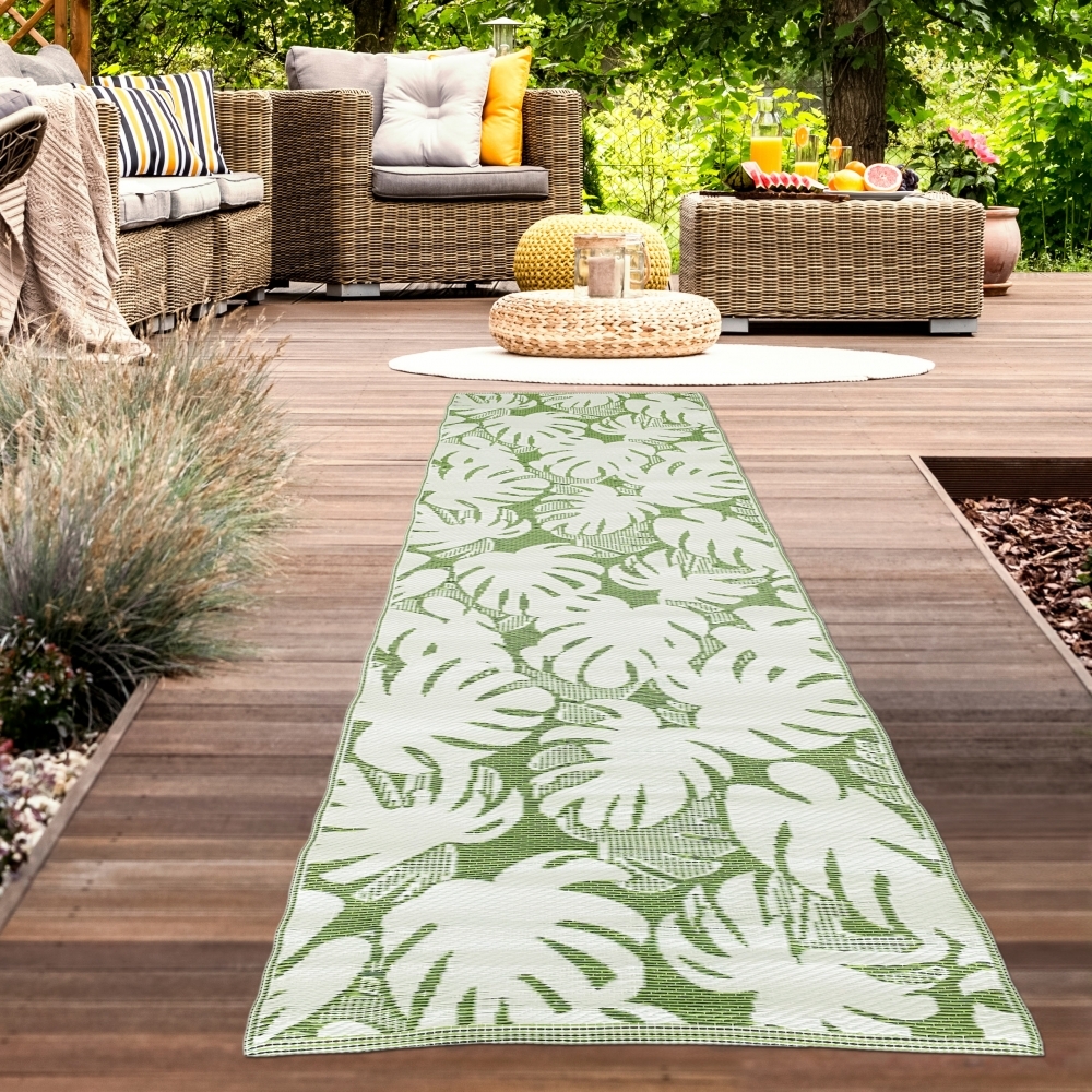 Carpetia Recyclebarer wasserfester Outdoor-Teppich in grün creme Größe - 90 x 300 cm