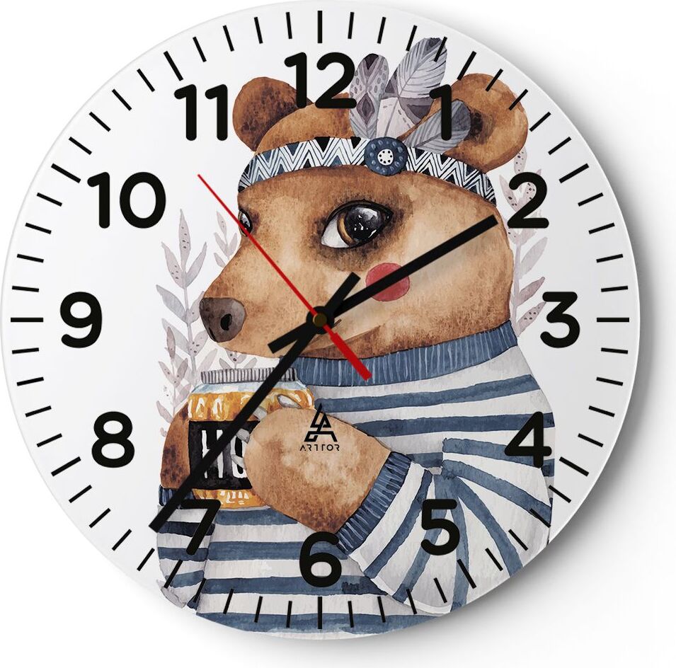 Arttor Wanduhr - Rund - Glasuhr - Anthropomorphisierung Bär Kinder - 30x30cm - Schleichendes Uhrwerk - Lautlos - zum Aufhängen bereit - Dekoration Modern - Wanddekoration aus Glas - C4AR30x30-4367