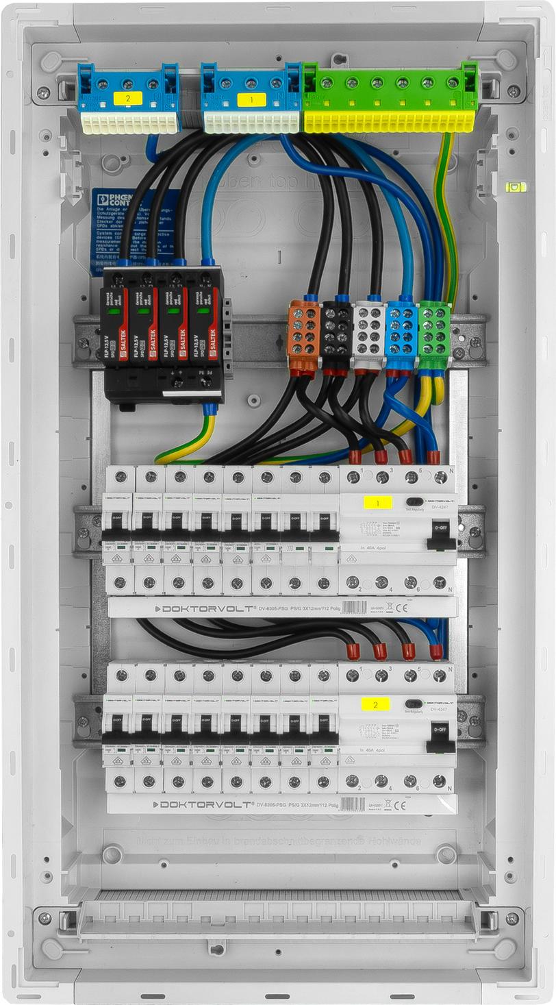 Sicherungskasten Hager Unterputz Verteilerkasten 3x12 Module 14xMCB 1xRCCB VDE Überspannungsschutz verdrahtet Sicherungen 630,50x348x98mm Doktorvolt