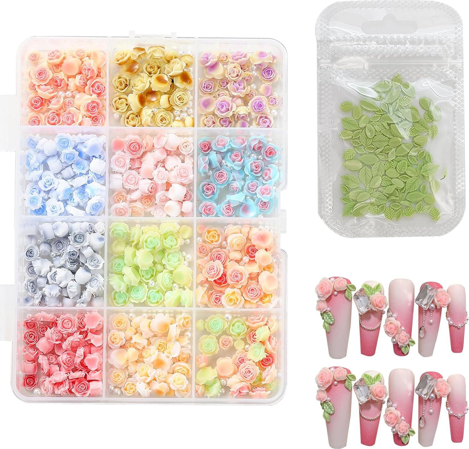 Markenlos Nagelbedels aus Harz mit 3D Blumen und Perlen - Rosen und Blätter - Nageldekorationen für Frauen und Mädchen