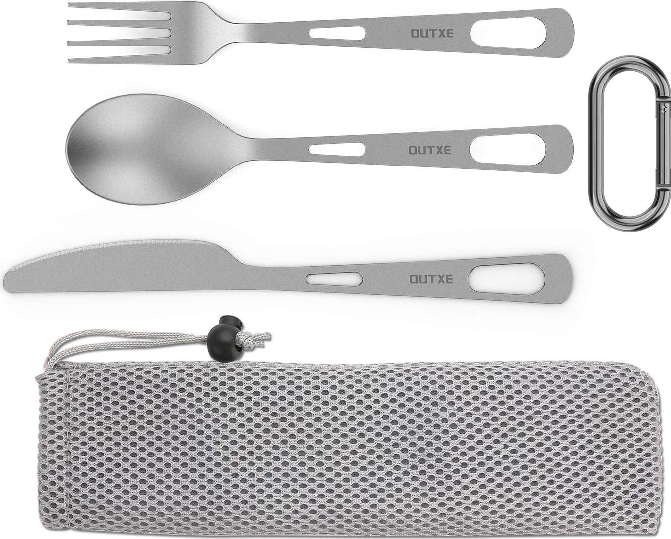Markenlos Titanium Campingbesteck Set von 3 - Löffel Gabel Messer - Campingbesteck und Tasche - Lunchbox Besteck Set und Reisebesteck