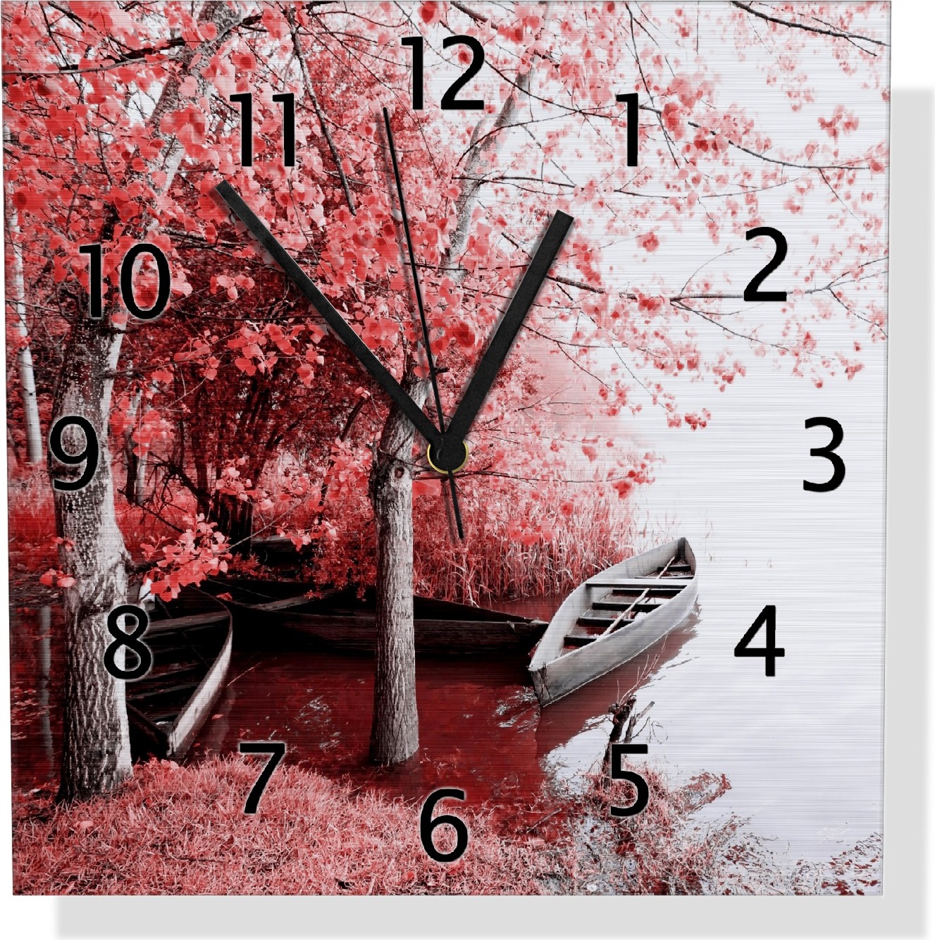Wallario Design Wanduhr Romantische Bootsanlegestelle in rot-weiß aus Aluverbund, Größe 30 x 30 cm uds0080-3030