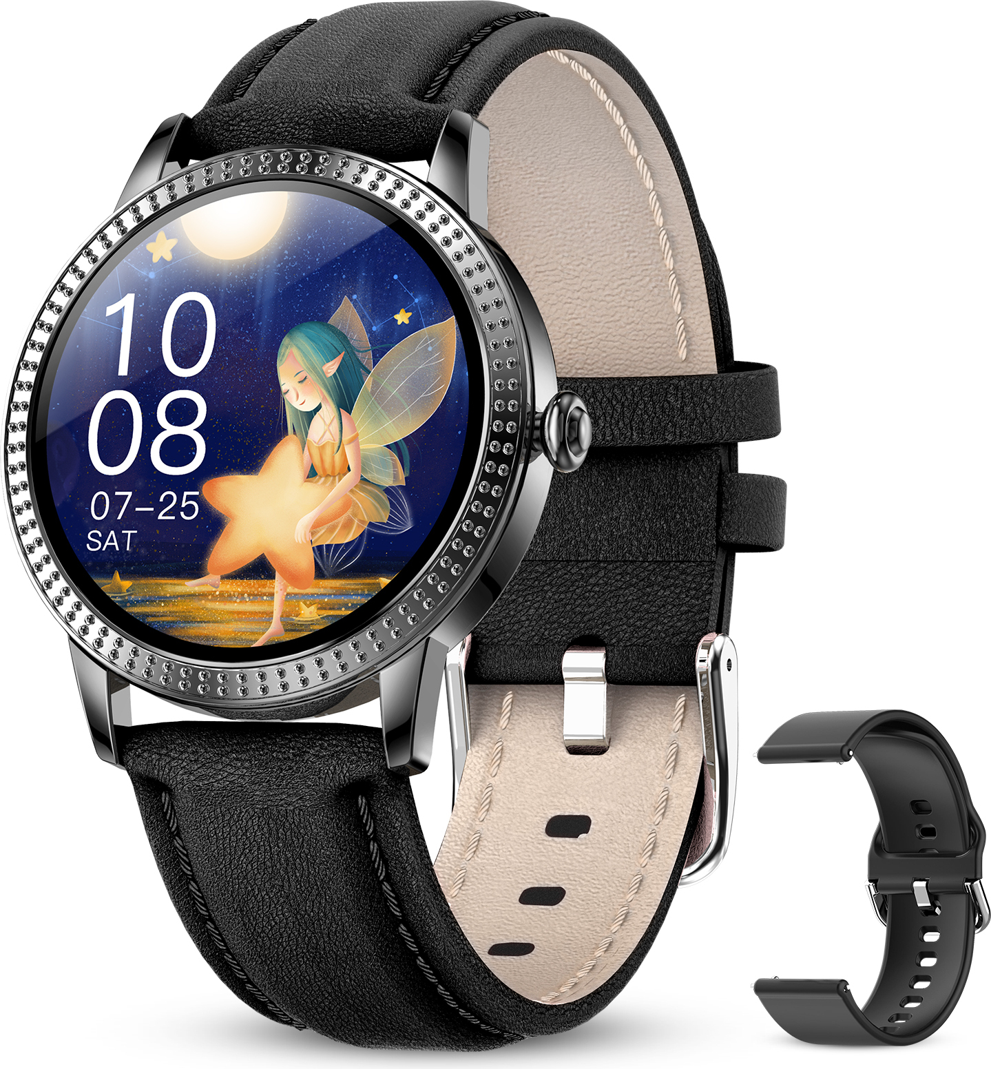 GOKOO Smartwatch Plne dotykový displej IP67 Vodotesné dámske stopky Monitor srdcovej frekvencie Krokomer Ženský nástroj na ovládanie hudby Fitness náramok kompatibilný s iOS Android (kožený remienok)