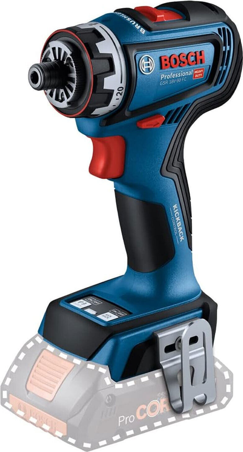 Akumulátorový vŕtací skrutkovač Bosch GSR 18V-90 FC, 1x spona na opasok, 1x držiak bitov