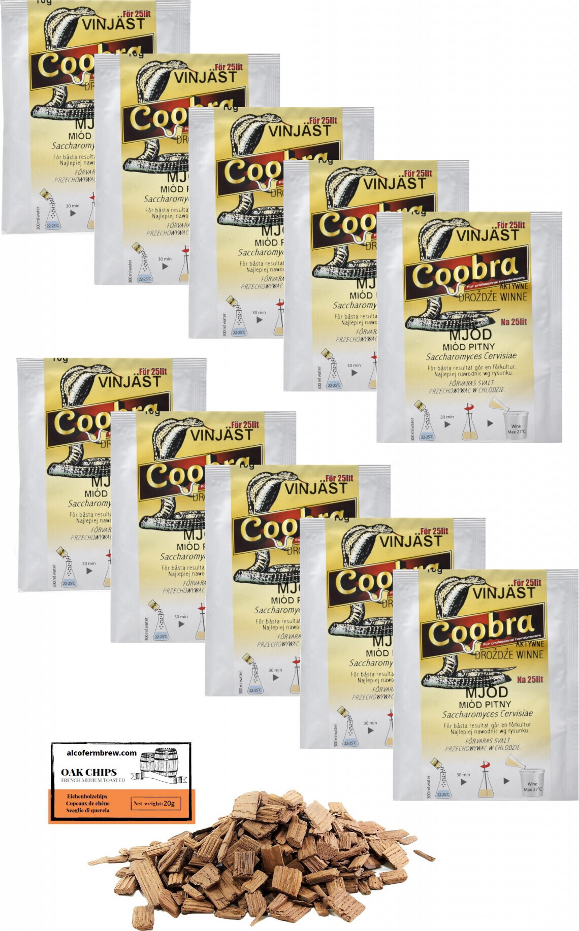 Alcofermbrew 10 x Trocken Methefe 10g/25L + Eichenholzchips, Honigwein Hefe Coobra, Weinhefe