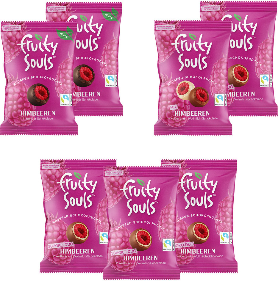 FROOX FruitySouls - Gefriergetrocknete Himbeeren mit Schokolade | gemischt | 7 Pack (560g) | Schokofrüchte | Gefriergetrocknete Früchte, schokoliert