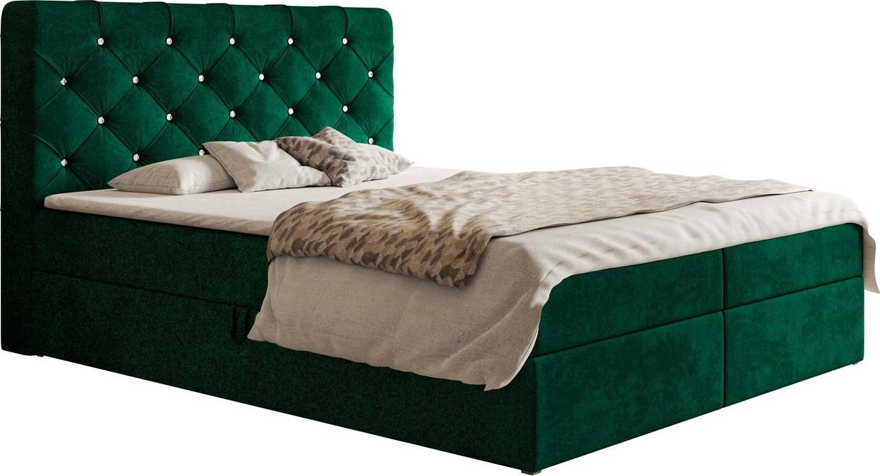 Posteľ Boxspring s topperom 160x200 Polo - manželská posteľ s matracom Bonell a dvoma zásuvkami - dizajn Chesterfield, Glamour, čalúnená posteľ s kryštálmi - zamatová látka (zelená - Kronos 19)