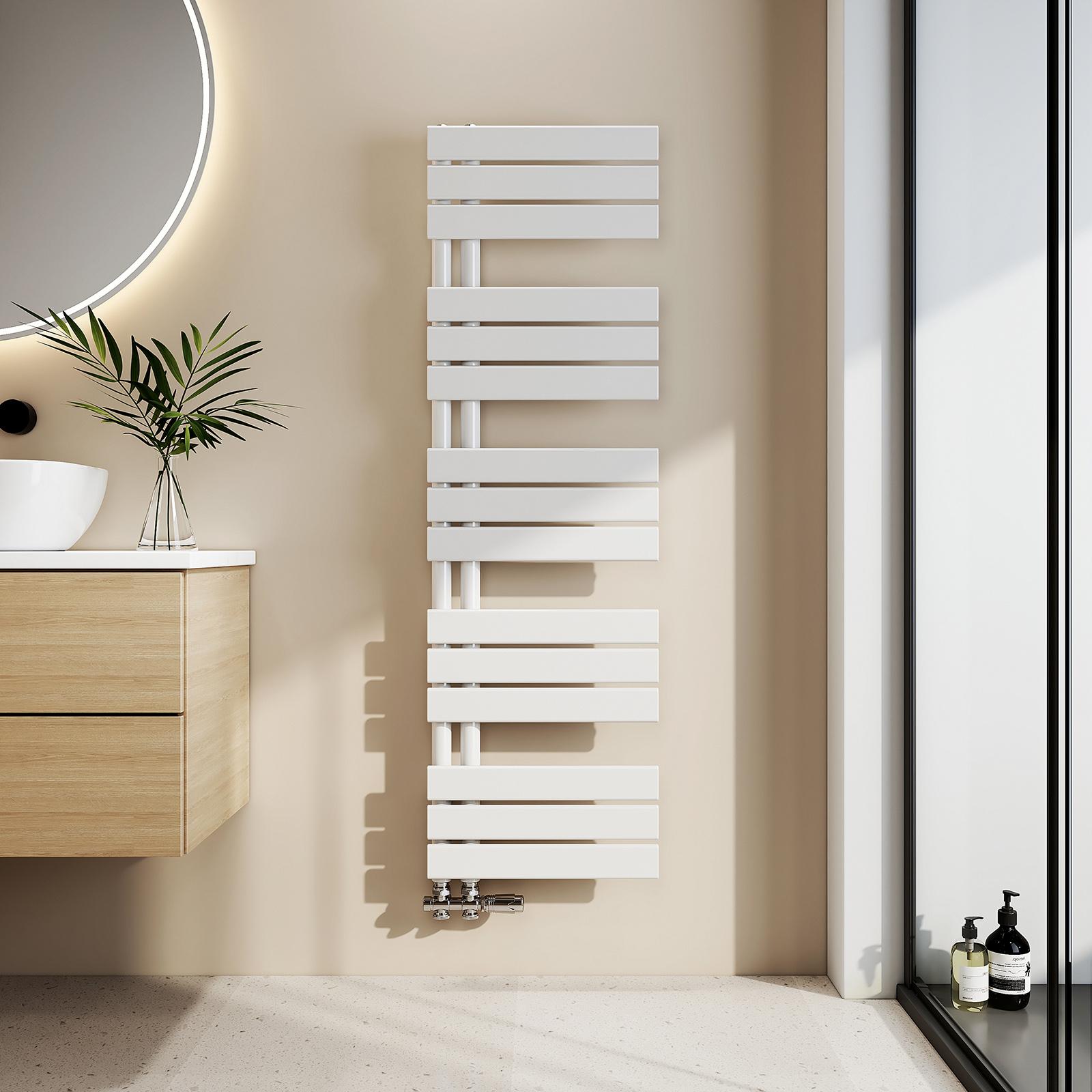 Vyhrievaný držiak na uteráky EMKE Kúpeľňový radiátor Panelový radiátor Bočné pripojenie Nástenný ohrievač vody 1320 x 400 mm Biely