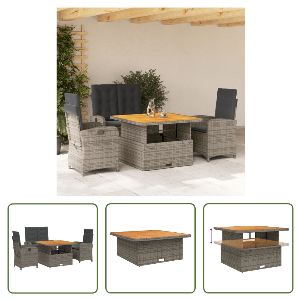 The Living Store 4-dielny záhradný jedálenský set s vankúšmi sivý polyratan