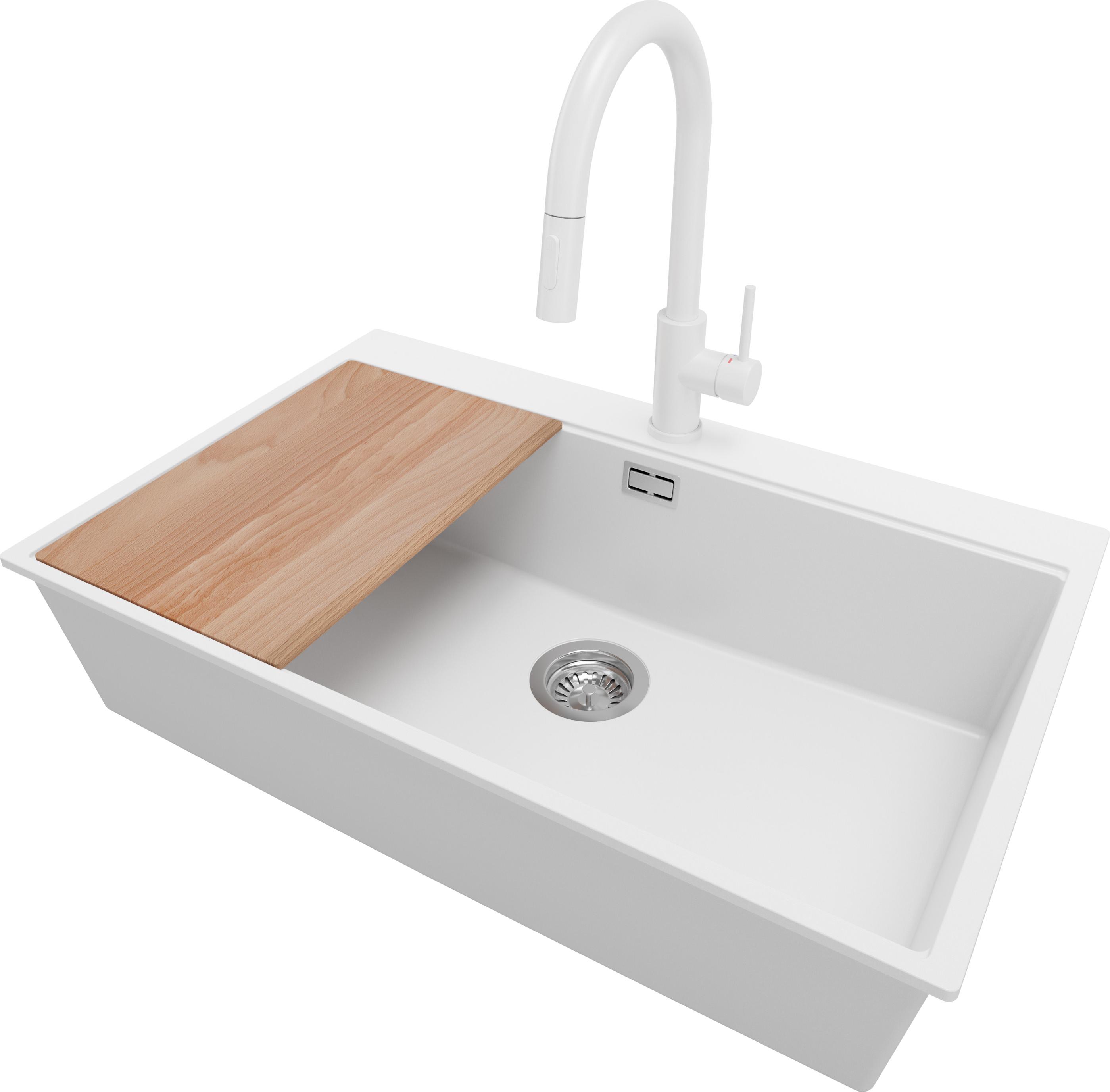 PRIMAGRAN Granitspüle Weiß 78x50cm, Spülbecken 1 Becken + Küchenarmatur 40x20cm + Ablauf-Set + Schneidebrett, Küchenspüle ab 80er Unterschrank - Oslo