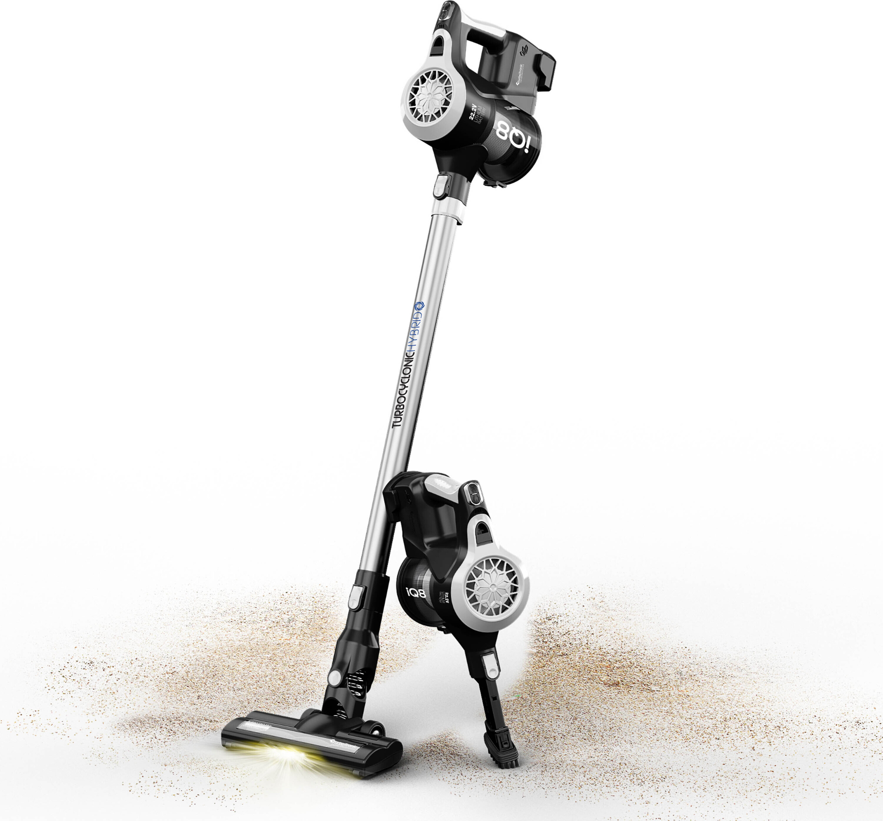 TurboTronic IQ8 bezdrôtový akumulátorový vysávač 2v1, 22,2 V Li-Ion, bezvreckový tyčový a ručný vysávač, ultraľahký, silný sací výkon >8 kPa, vrátane bohatého príslušenstva Schwarz