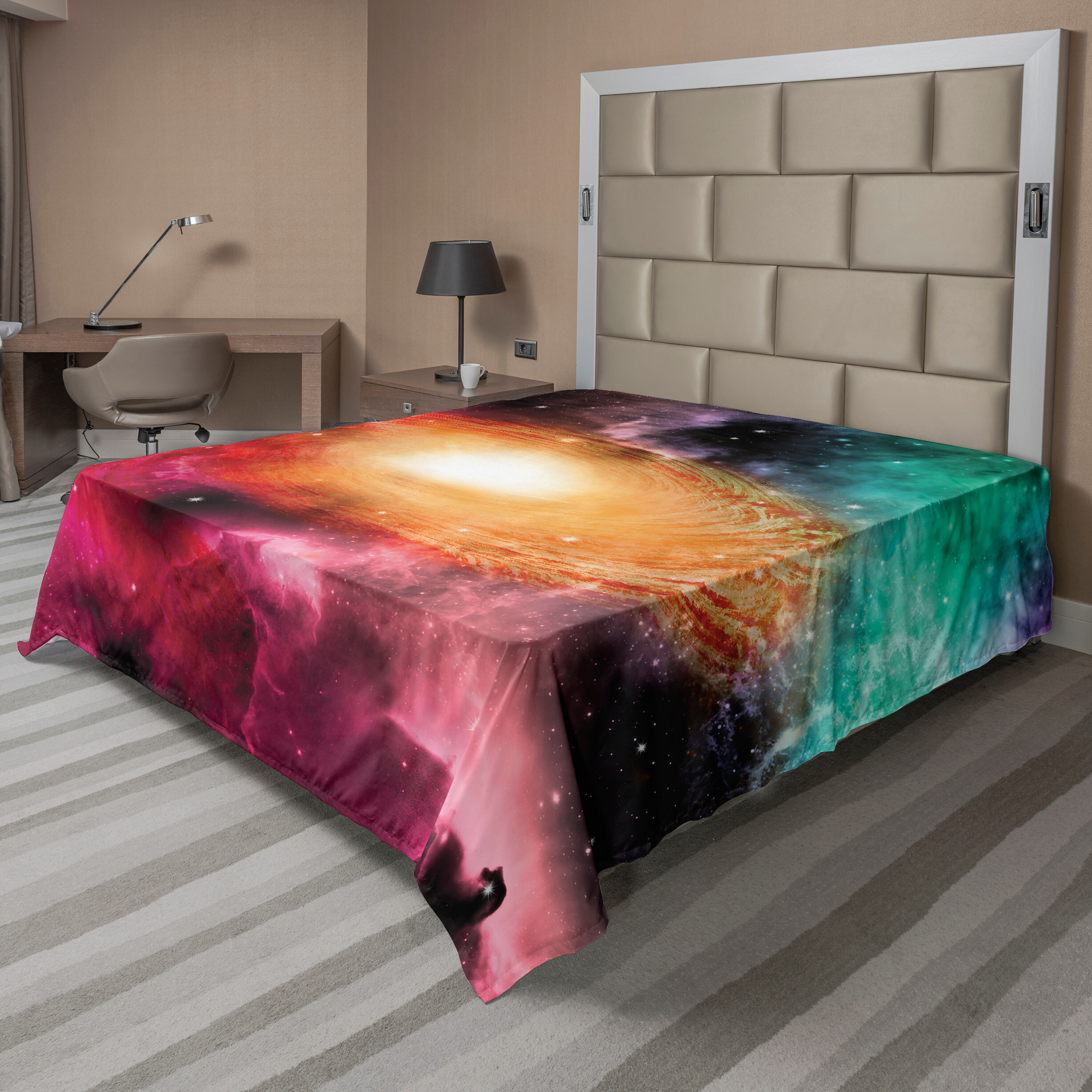 KOZMOS TEKSTL VE GER DÖNÜÜM SANAY TCARET LMTED RKET ABAKUHAUS Tierkreis Bettlaken, Bunte Astronomie Bilder einer Spiralgalaxiesterne Stardust und des Kosmos, weiches bequemes oberes Bettlaken für ein dekoratives Bett 1 Stück 244 cm x 205 cm, Orange Grün Rosa flat_10040_full_de