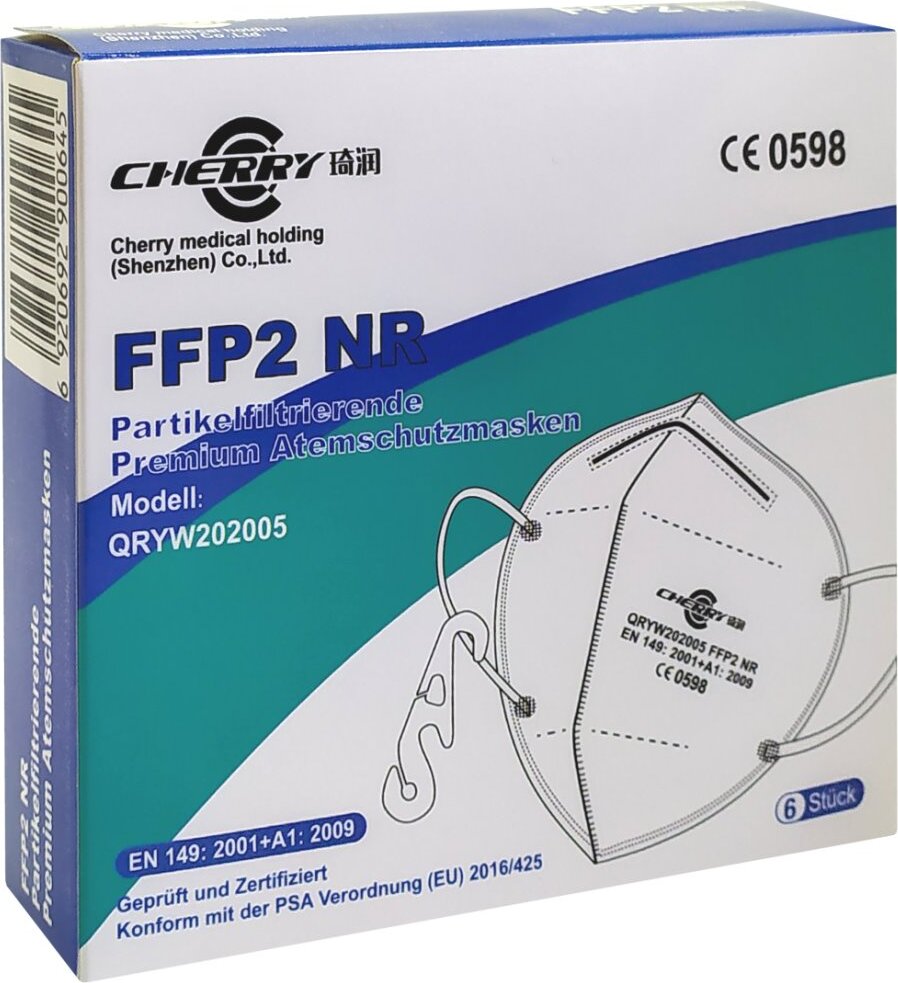 CHERRY 6ks Respirátor QRYW202005 s filtračnou triedou ochrany FFP2 NR biely / stupeň filtrácie > 95%