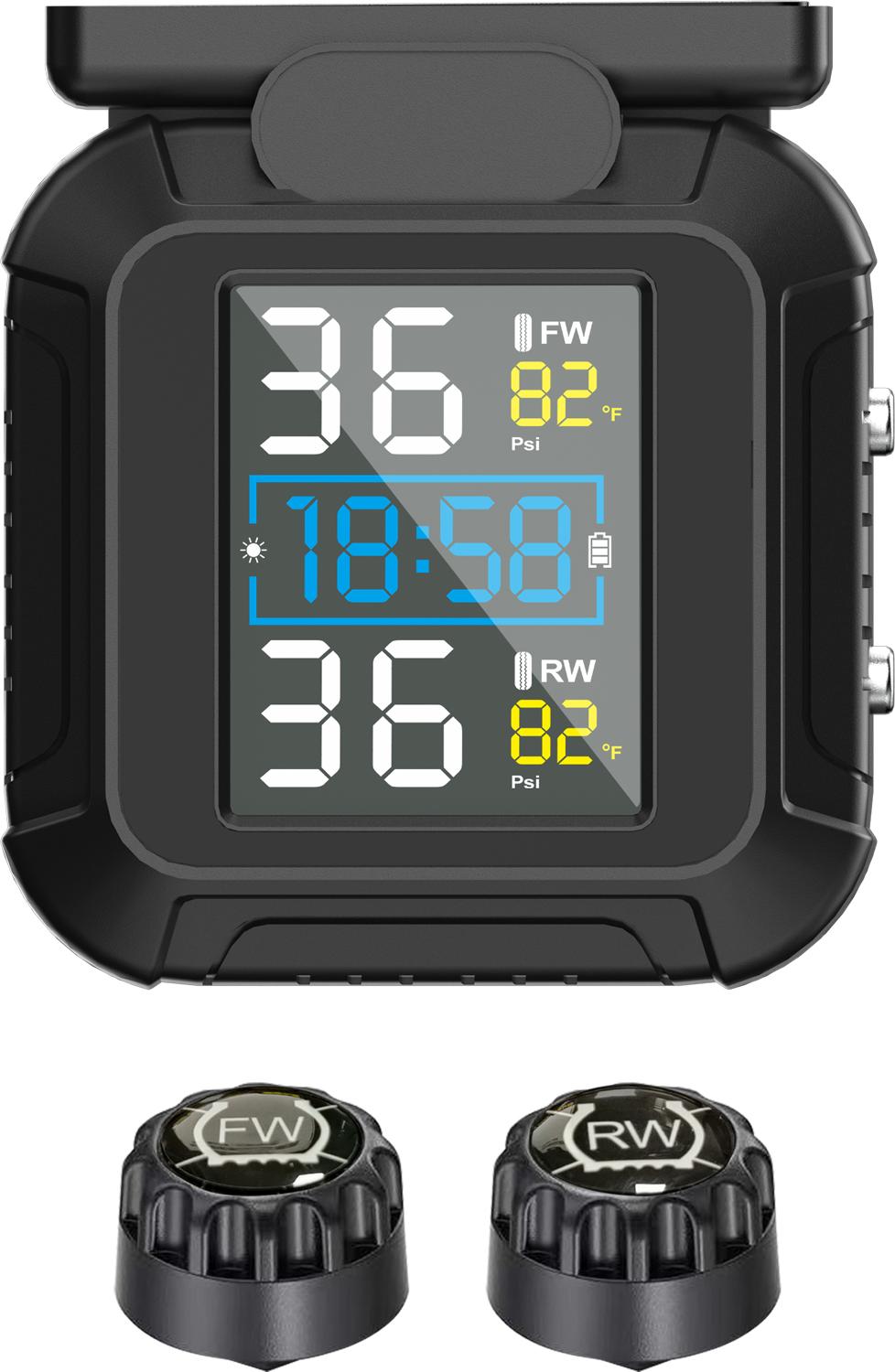 Gistuch Motorrad-Reifendruckmonitor mit 2 externen Sensoren, Solar- und USB-Aufladung, Bereich 0–87 PSI, zeigt die Temperatur an