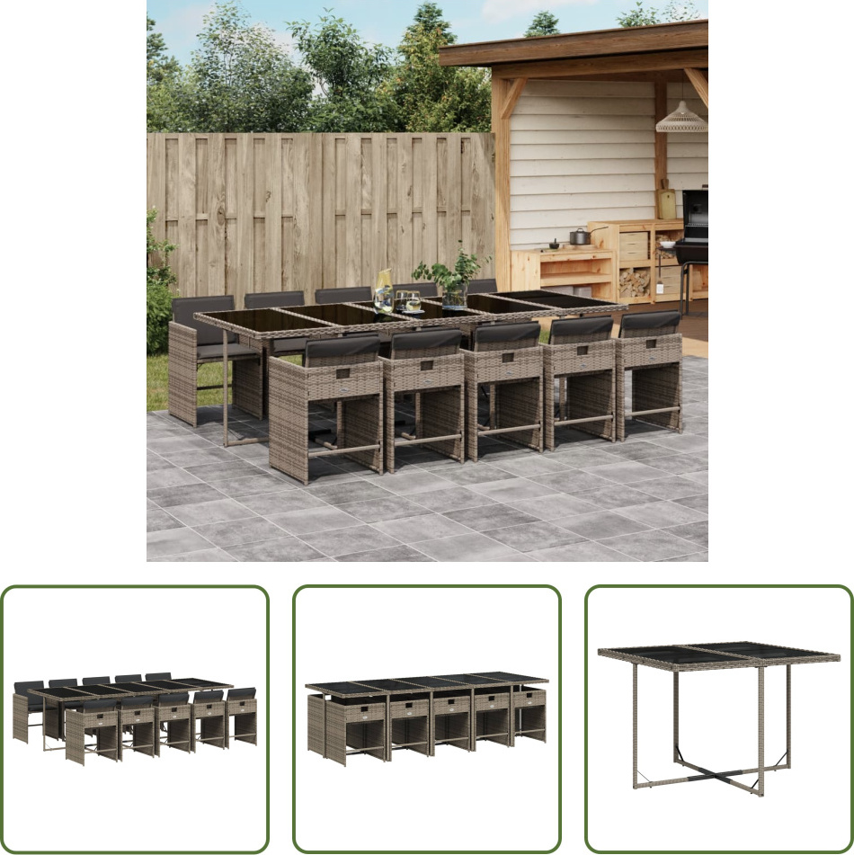 The Living Store 11-dielny záhradný jedálenský set s vankúšmi sivý polyratan