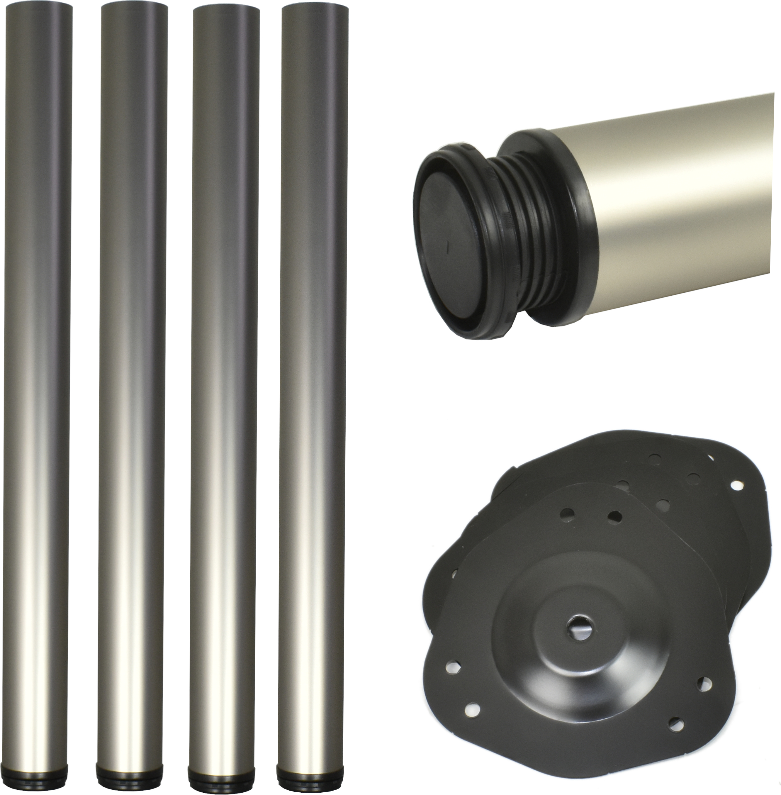 Prima-Online 4x Höhenverstellbare Tischbeine Ø60mm – Satin, 710mm + 30mm Verstellung, mit Montageplatte 71Satin