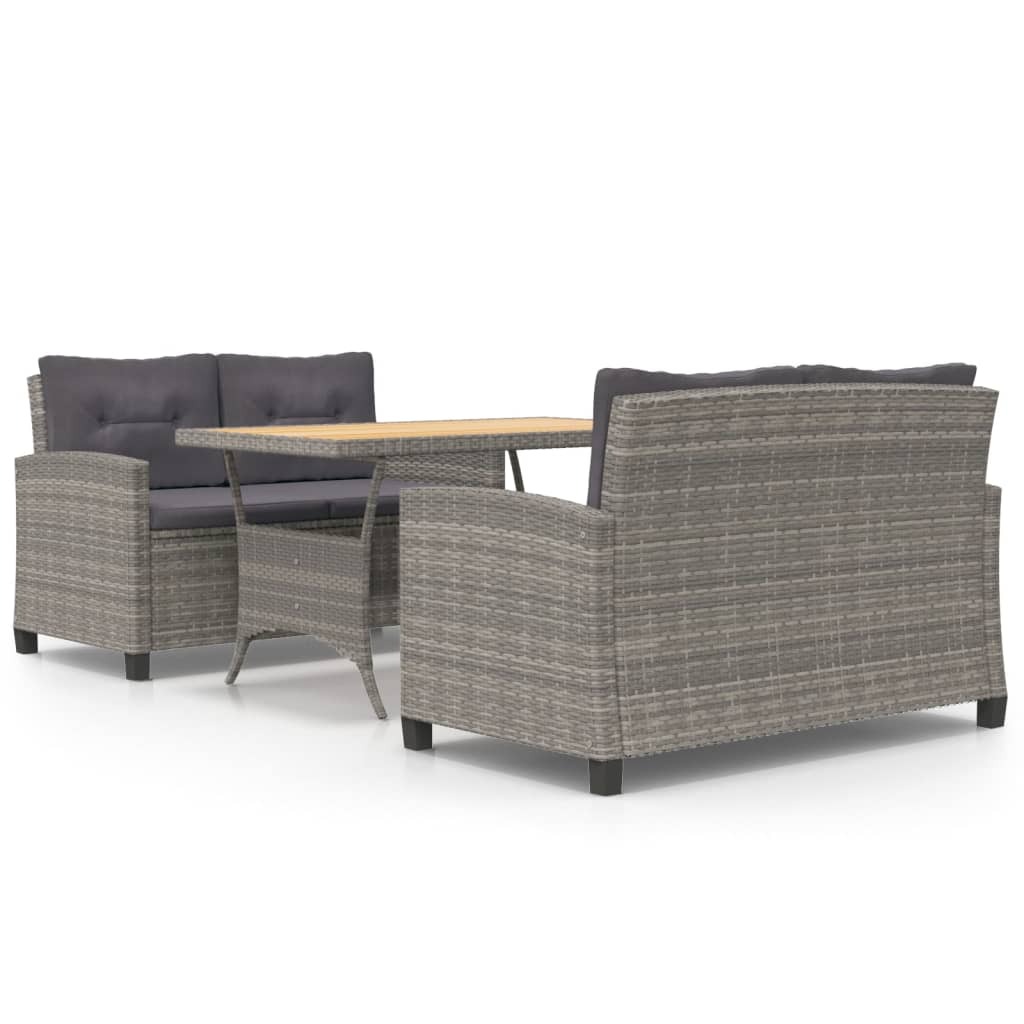 vidaXL 3-dielny záhradný jedálenský set so sivými vankúšmi Poly ratan