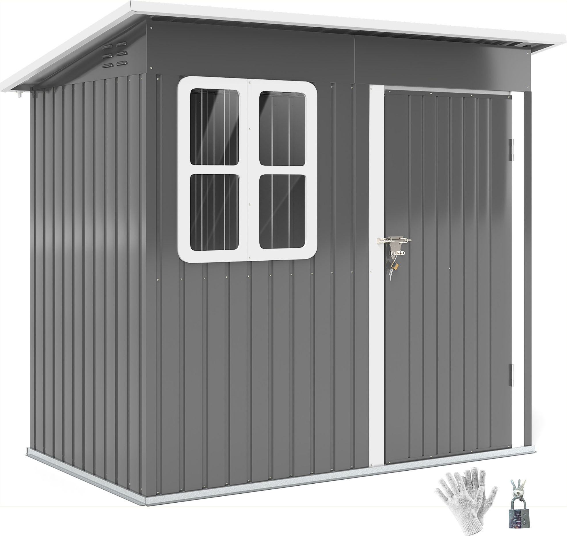 Outsunny prístrešok na náradie 2,55 m², záhradný prístrešok s jednoplášťovou strechou, 221 x 133 x 190/173 cm, prístrešok na náradie s uzamykateľnými dverami, okno, garáž na bicykle, oceľová záhradná skriňa, na dvor, záhrada, tmavosivá