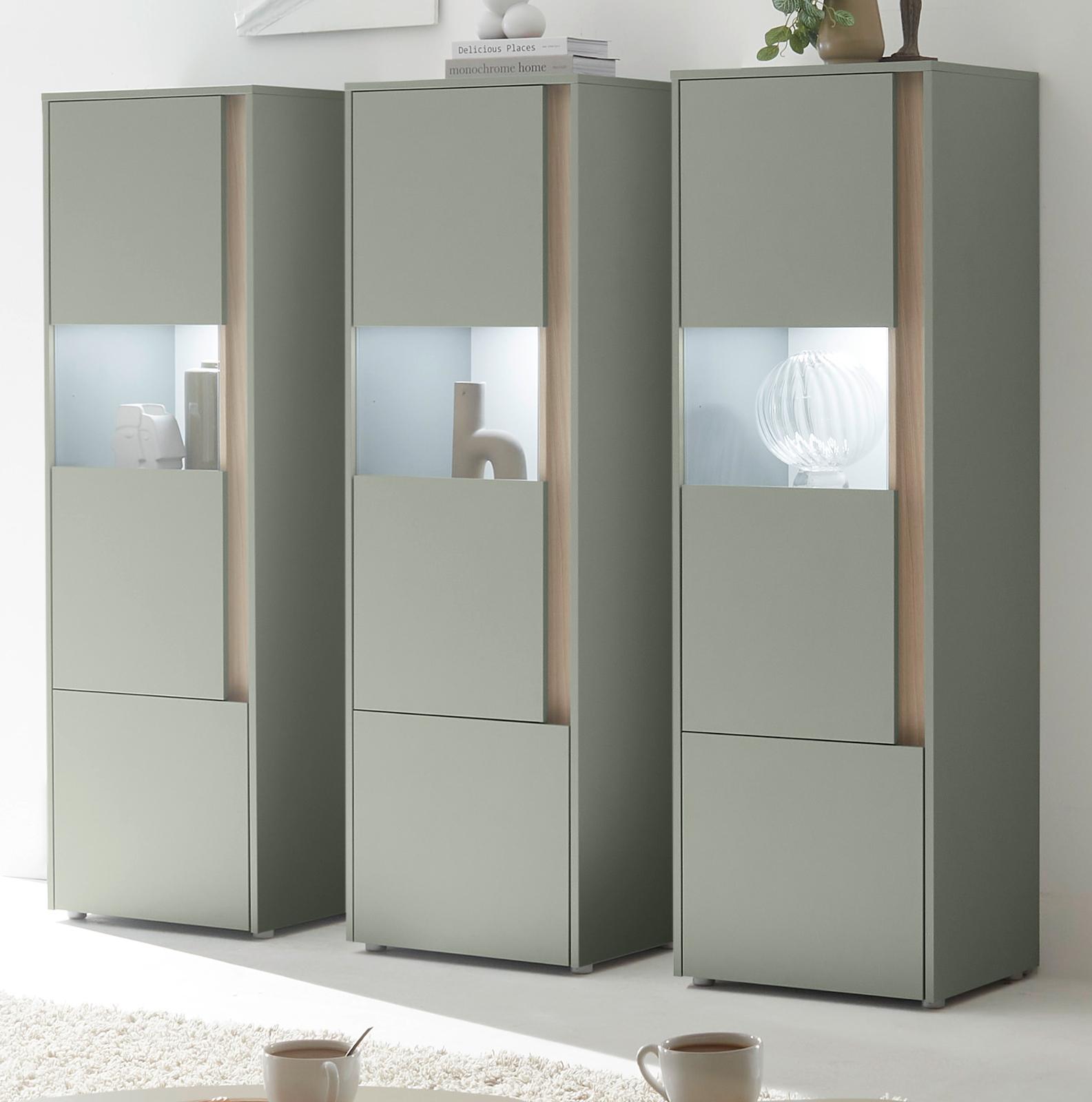 Furn.Design Vitrinen Set 3-teilig "Center" Salbei Grün mit Eiche, 3x Vitrine 190 x 155 cm GE62111-15