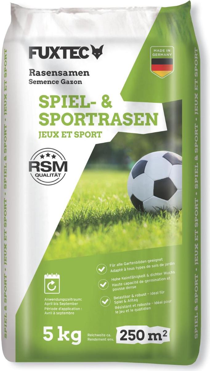 FUXTEC Rasensamen Spiel- & Sportrasen FX-RSSP5 | robuster Gartenrasen | hohe Keimfähigkeit | 5 kg für ca. 250 m²