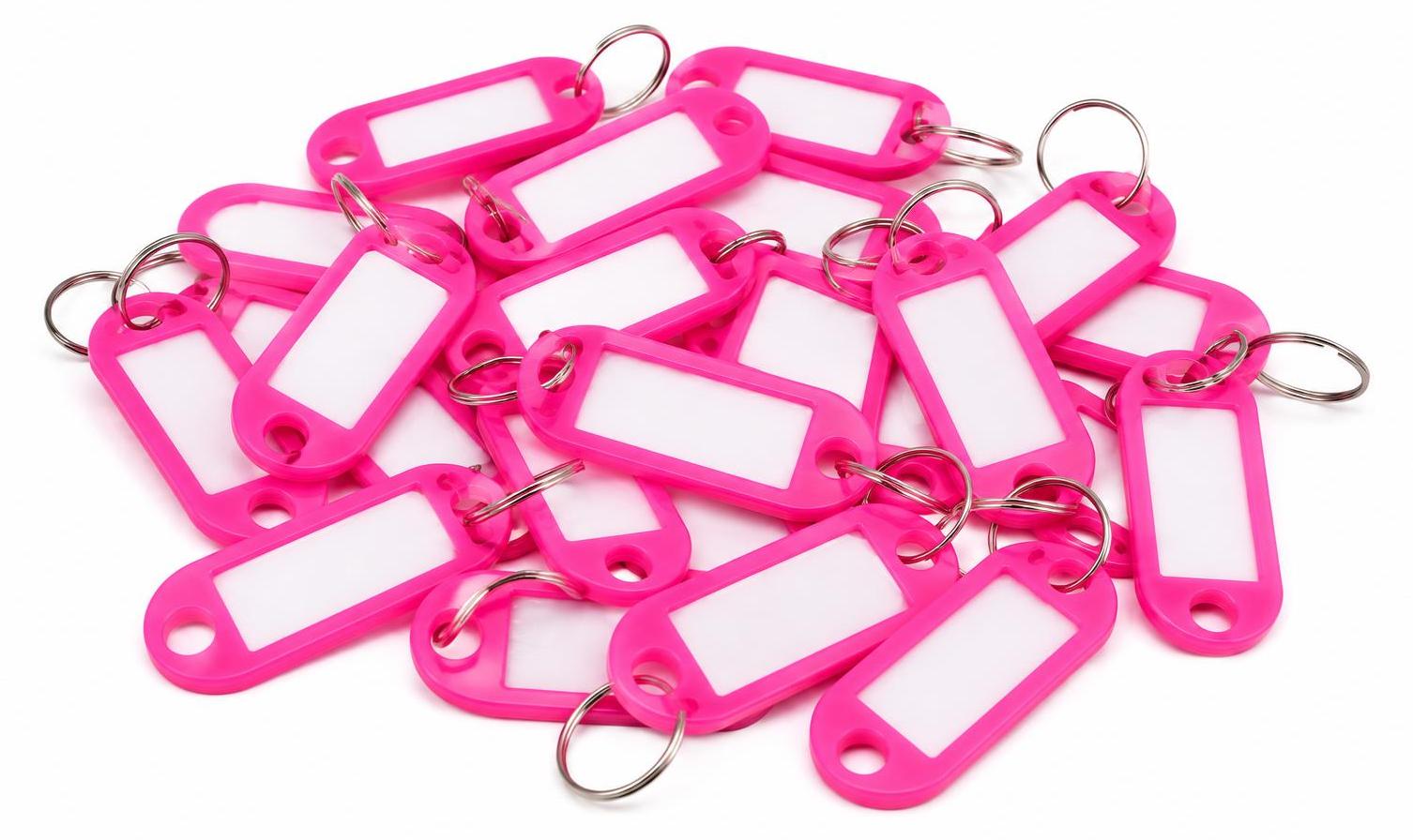 BAYLI 15er Pack Schlüsselanhänger zum Beschriften Einfarbig -Farbe Pink- Schlüsselschilder mit Ring Beschriftbar | Schlüsselring zum Beschriften | Schlüsselring Kunststoff mit auswechselbaren Etiketten 15x Schlüsselanhänger zum Beschriften
