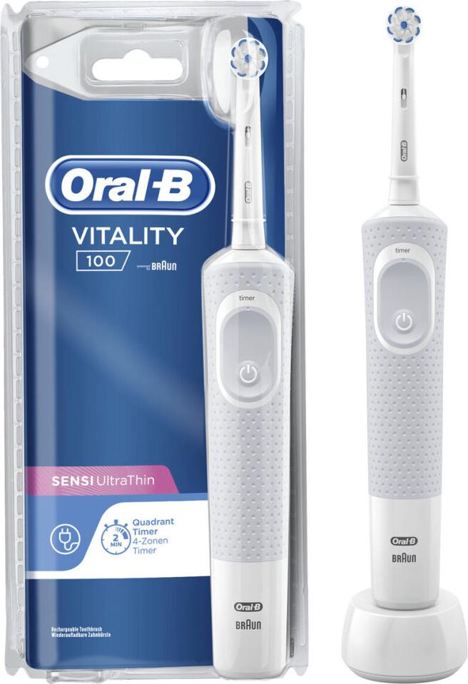 Oral-B Vitality 100 Ultrathin, Dospelý, Rotujúco-oscilačná zubná kefka, Biela, 7600 pohybov za minútu, 4 x 30 sec, -, N