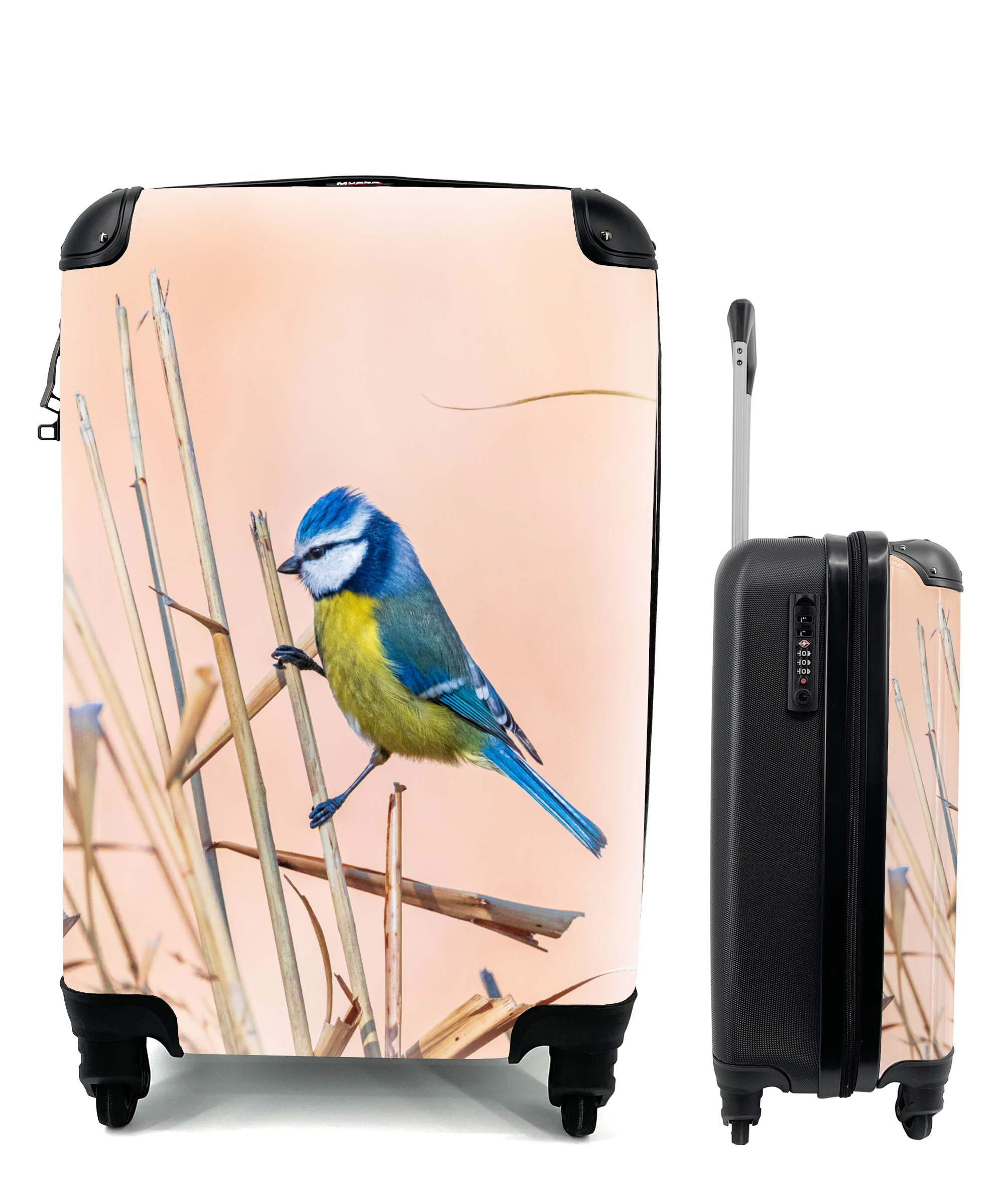 MuchoWow® Koffer Handgepäck Trolley Rollkoffer Kleine Reisekoffer mit 4 Rollen - Vogel - Blaumeise - Schilf - Cabin Size < 55x40x23 cm & 55x40x20 cm - Fotokoffer - Kabinenkoffer - Boardgepäck - Reise-Box - Reisekoffer - Reisegepäck - Koffer mit Bild - Trolley für Kinder 68|891610590