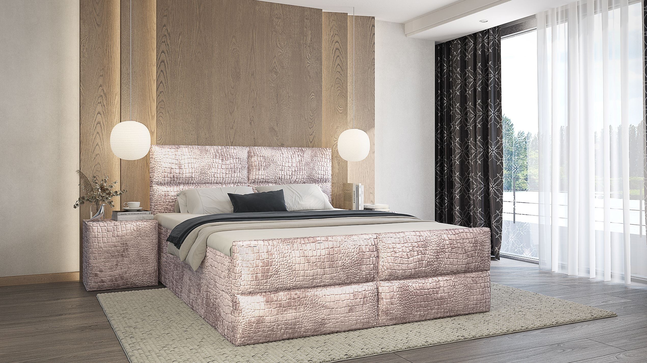 PREDAJ LEADER skriňová pružinová posteľ CROCCO 200x200 cm čalúnená posteľ s dvoma zásuvkami, kompletná súprava s matracom a topperom (4 cm), exotika, posteľná látka CROCO 107
