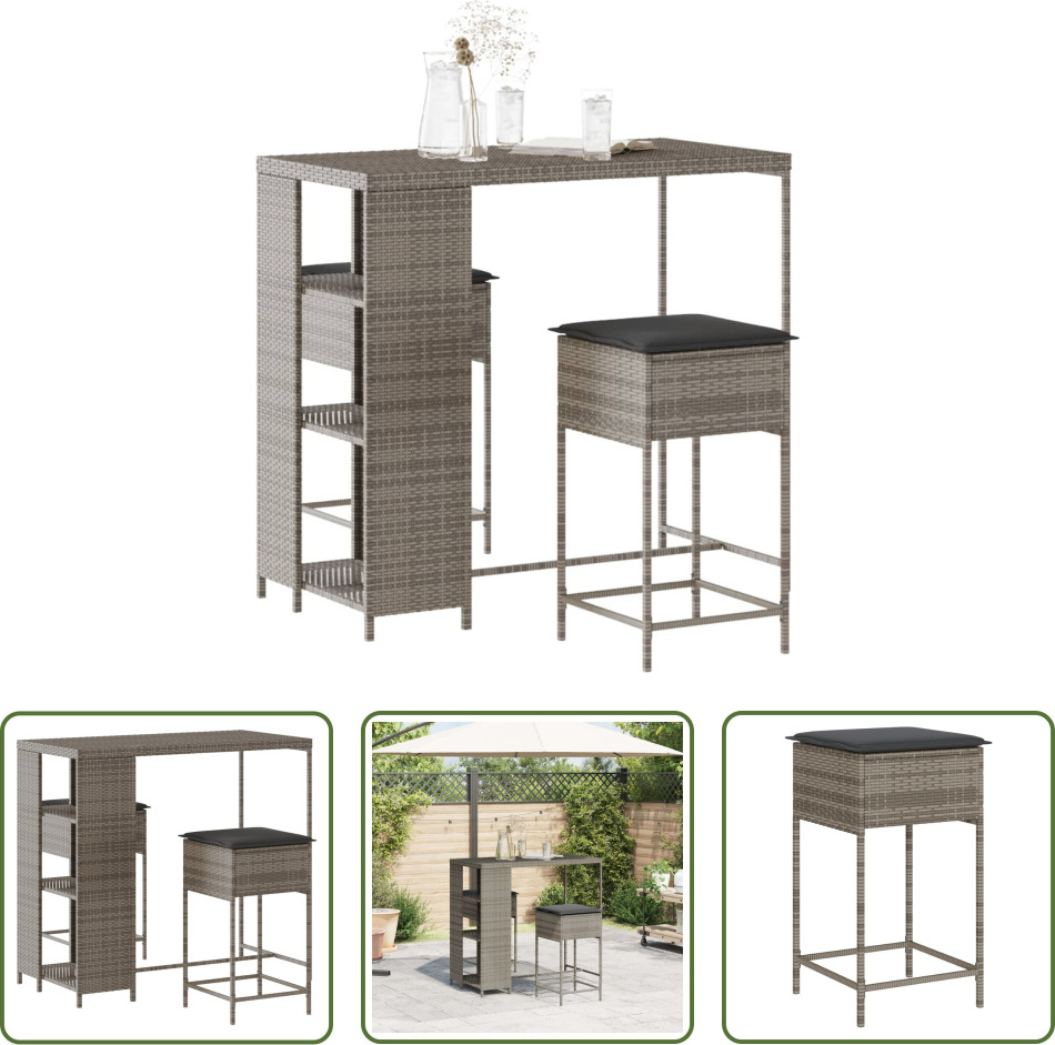 The Living Store 3-dielny záhradný barový set s vankúšmi sivý polyratan